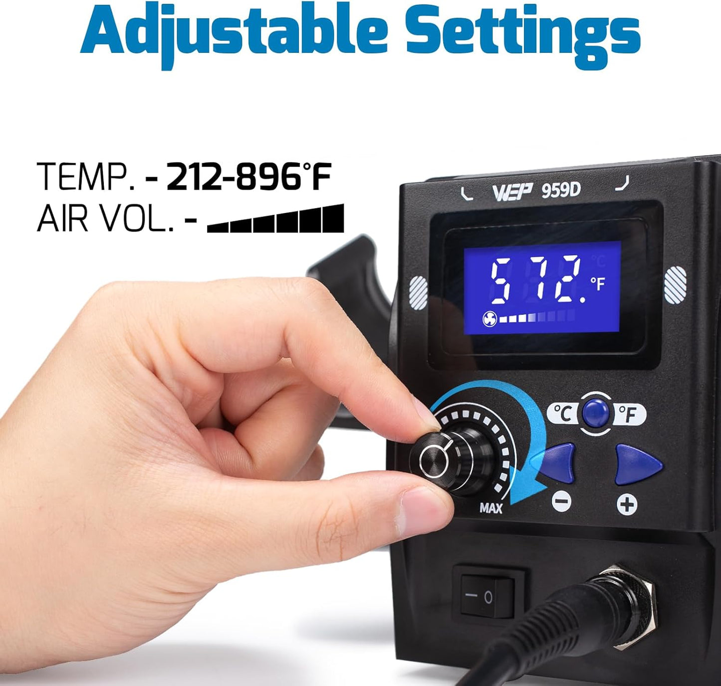 WEP 959D Hot Air SMD Soldering Rework Station with Quick-Change Nozzle System, Nozzle Holder, 5 Additional Nozzles, Adjustable Temperature, °C/°F Conversion and Buzzer Prompt