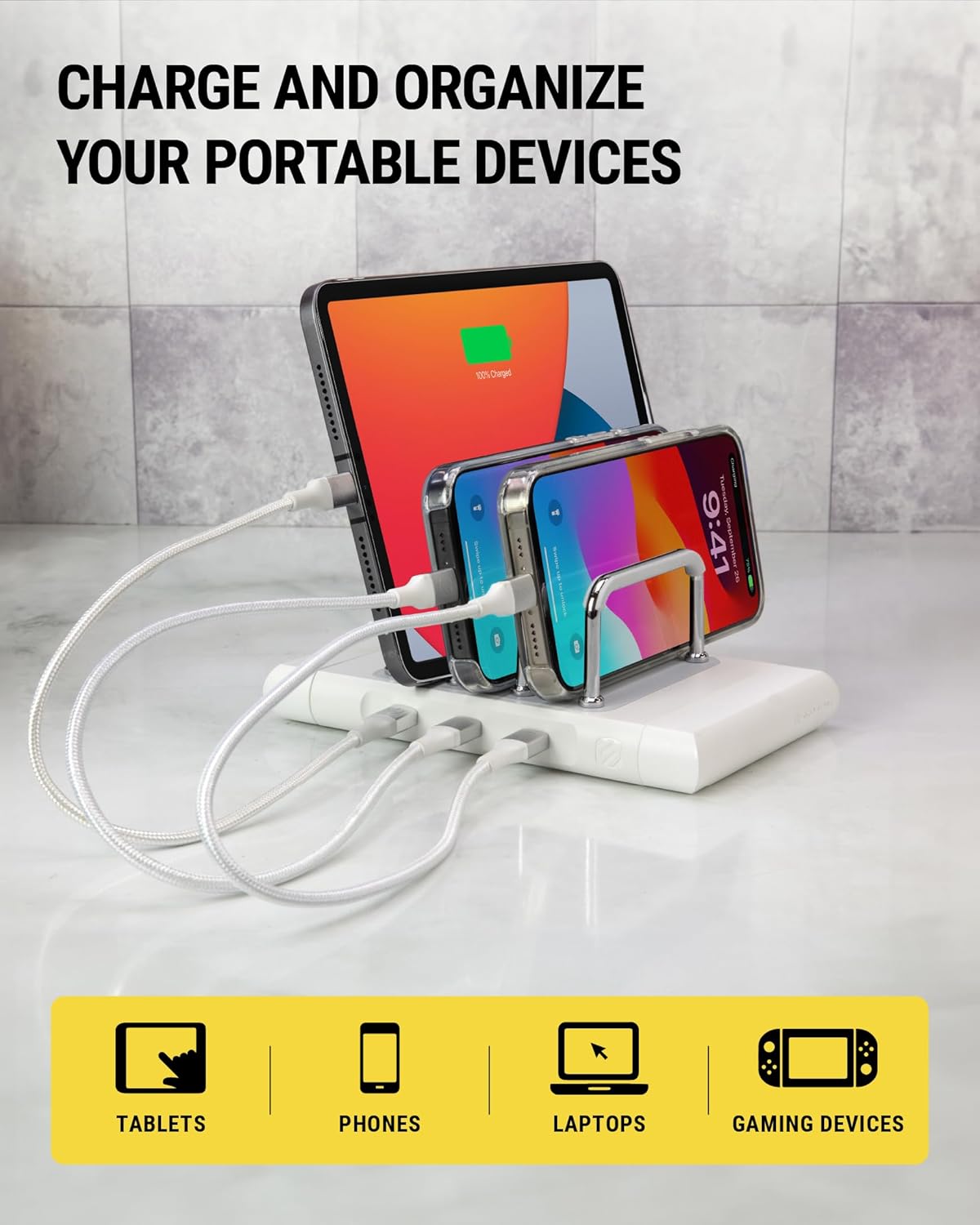 Scosche BL2MD BaseLynx™ 2.0 Vert, 60W USB-C Vertical Charging Station for Multiple Devices, Charger Organizer with 3 PD Fast Charge Ports, Modular System Compatible with Apple iPhone & iPad, White