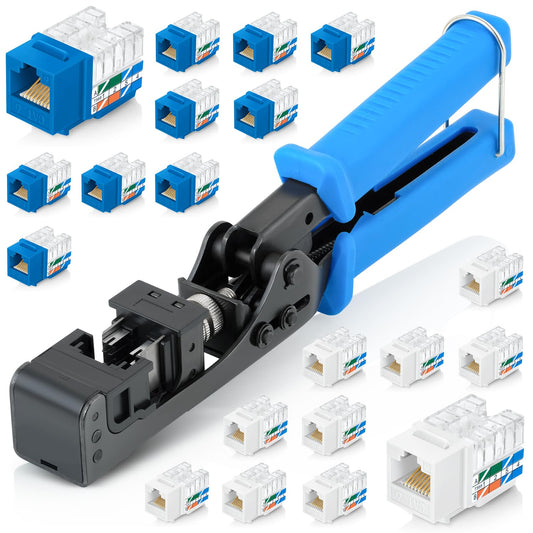 Everest easyJACK - 90° Angled Speed Termination Keystone Tool Set - with 20-Pack of RJ45 Slim Profile Cat6 Keystone Jacks (10 Blue & 10 White) - Time Saver Network Cat6 Punchdown Tool