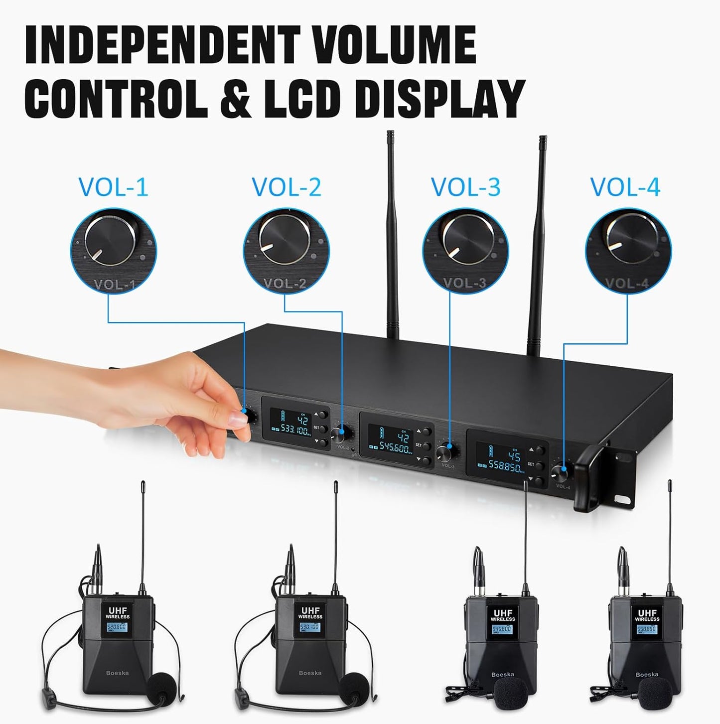 Wireless Microphone System 4 Channel UHF 4 Lavalier Lapel Headset Mics for Karaoke Church Speaking Conference Meeting Party, 4x25 Adjustable Frequency (4 Bodypack)