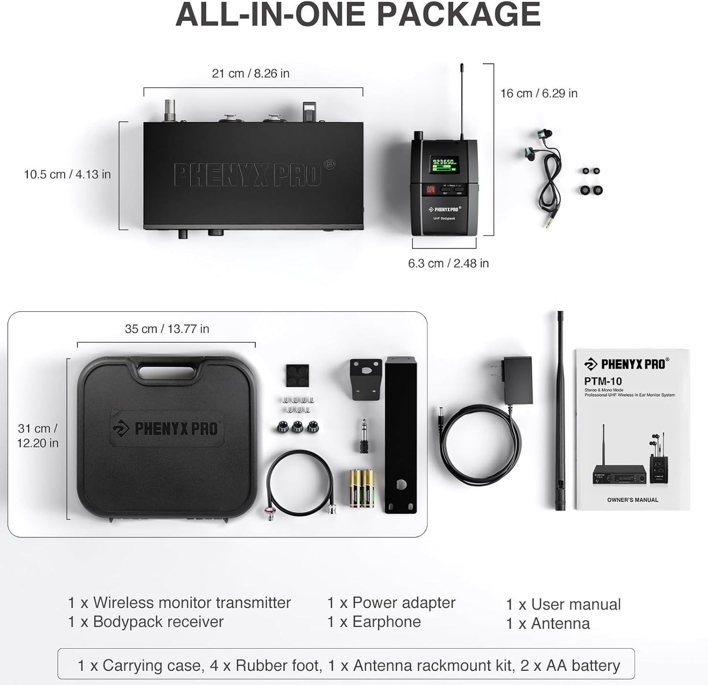 Phenyx Pro UHF Stereo Wireless in Ear Monitor System, Wireless IEM, 900MHz Band Selectable Frequency, Rack Mountable, 160 ft. Operation, Suitable for Stage, Studio, Exhibit, Lecture, Speech (PTM-10)