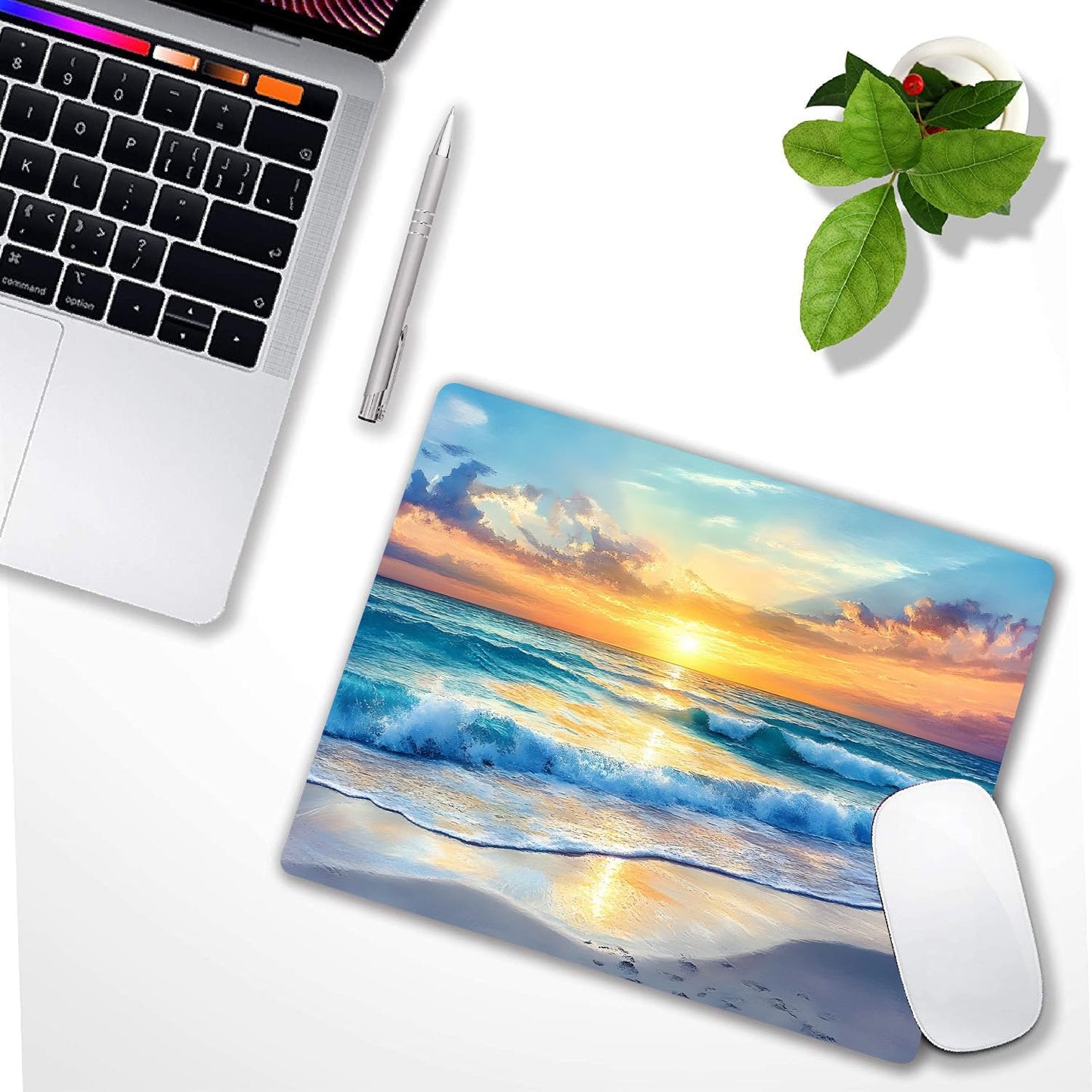 Aesthetic Sunrise Sunset Beach Custom Mouse Pad with Non-Slip Rubber, Small Square Design for Wireless Laptop & Computer Mouse Pads for Desk, 9.5 x 7.9 inch Smooth Surface for Gaming & Office