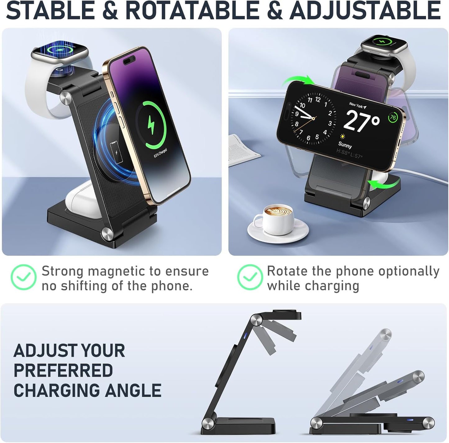 Magnetic Wireless Charger Stand, 3 in 1 Foldable Wireless Charging Station, Travel Charger for Multiple Devices for iPhone 16 15 14 13 12 Series, Apple Watch Ultra/9/8/7/6/5/4/3/2, AirPods