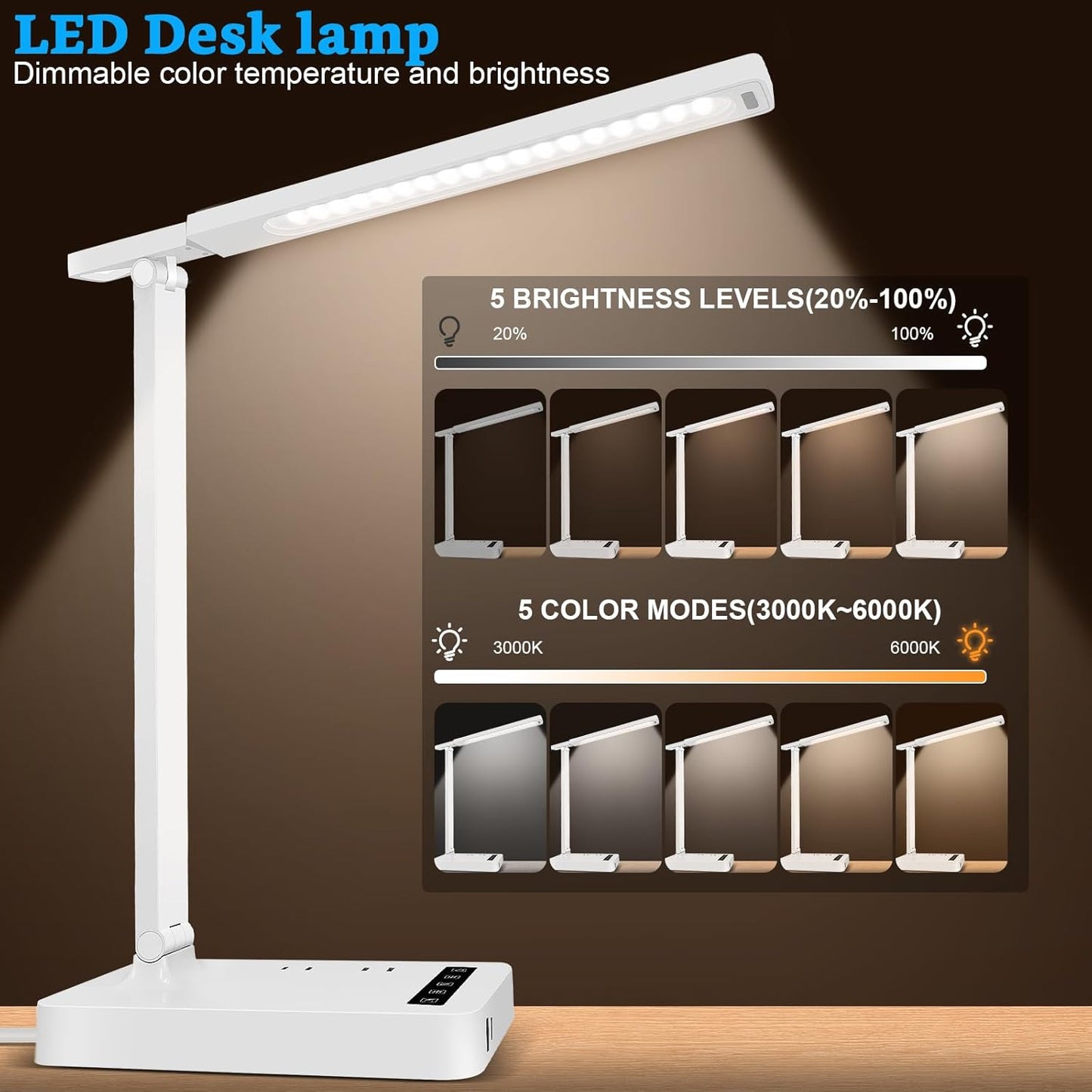 Smart Desk Lamp with 4-in-1 Charging Station (2 AC outlets, Type-C, USB-A Ports), 5 Color temperatures and 5 Brightness Levels, Adjustable gooseneck arm, Eye-Friendly Lighting for desks, bedrooms