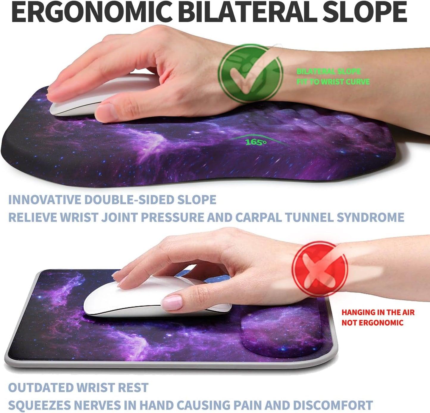 Ergonomic Raised Mouse Pad Wrist Support with Bilateral Slope Memory Foam Mousepad for Wrist Rest and Carpal Tunnel Pain Relief 11.8x7.9〃Galaxy