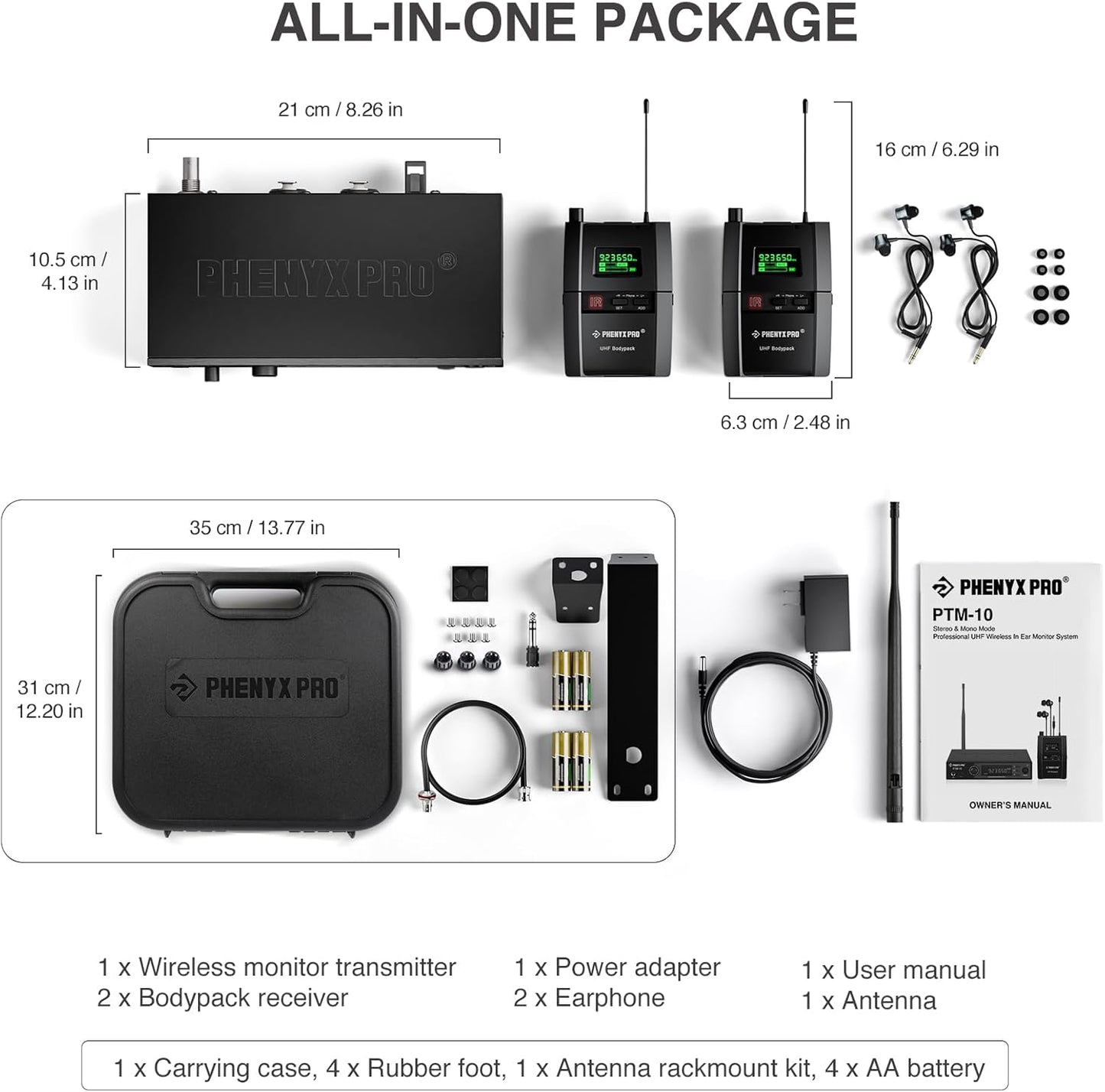 Phenyx Pro Wireless in Ear Monitor System, True Stereo UHF IEM, in Ear Monitors for Musicians, Metal Stage Monitor w/ 89 Frequencies, Rack Mount, for Studio/Band (2 Bodypacks with Transmitter)