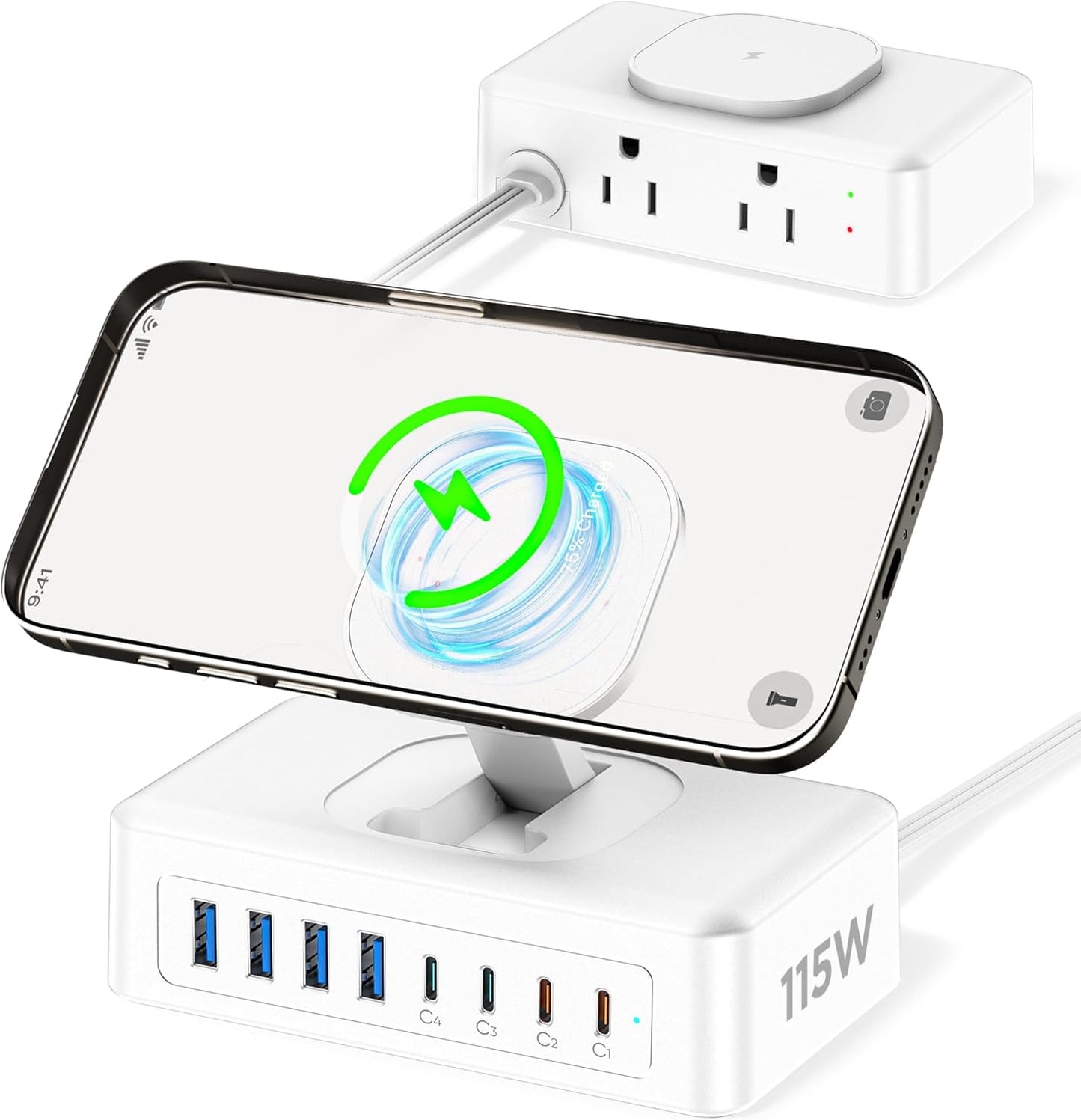 115W USB Charging Station Power Strip, 11-in-1 USB C Charger Block, 2AC Outlets with 8USB Ports(4USB-C), 5FT Flat Plug Extension Cord, Fast Charging Desktop Charger for Home Office Dorm Room, White