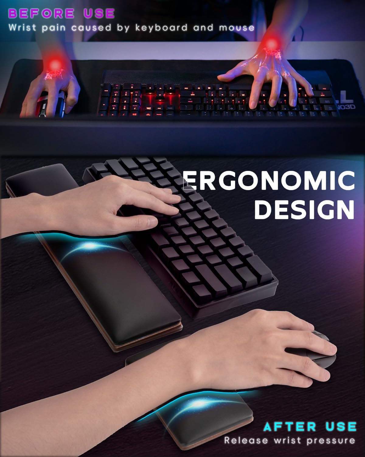 ASFSKY Keyboard and Mouse Wrist Rest Set with RGB - Memory Foam & Wooden Base Ergonomic Wrist Support Pad with PU Leather Cover, Non-Slip, Durable & Easy-to-Clean Wrist Cushion for Office, Gaming Desk