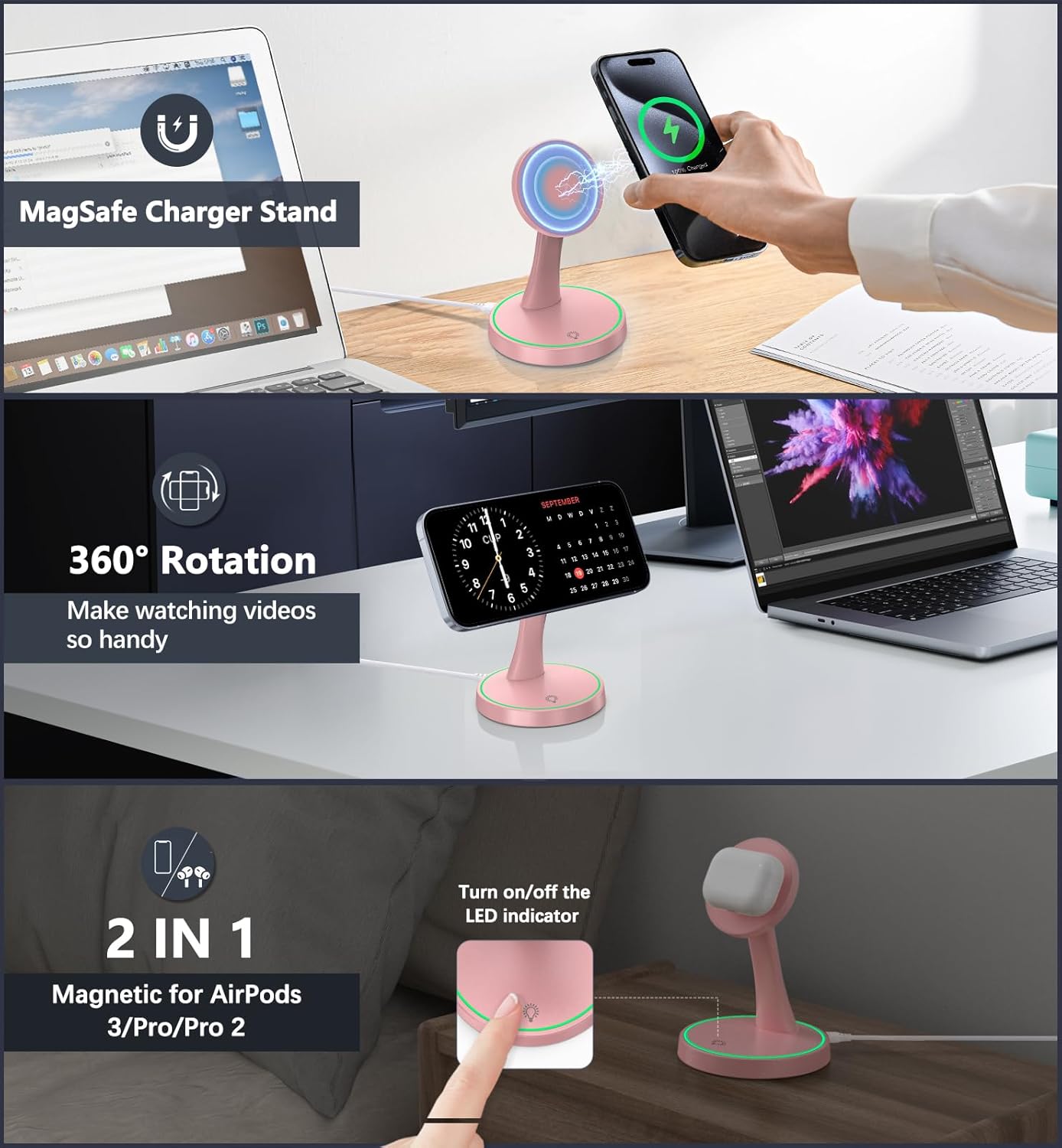Magnetic Wireless Charger Stand 15W Fast Mag-Safe Charger for iPhone 16/16 Pro/16 Plus/16 Pro Max/15/14/13/12 Series Magnet Wireless Charging Station/Pad with Sleep-Friendly Light for AirPods