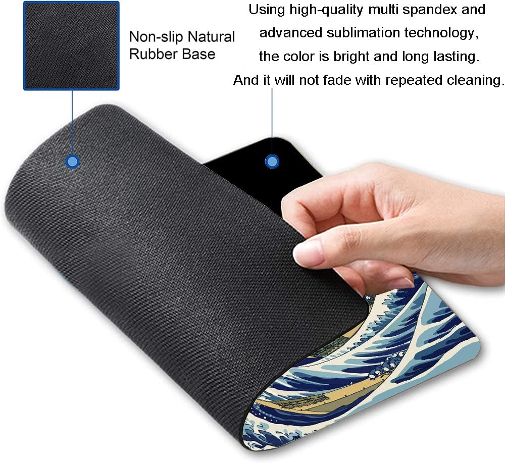 Mouse Pad, Japanese Sea Wave Design Mouse Pad, Washable Square Cloth Mousepad for Gaming Office Laptop, Non-Slip Rubber Computer Mouse Pads for Wireless Mouse, Cool Mouse Pads for Desk