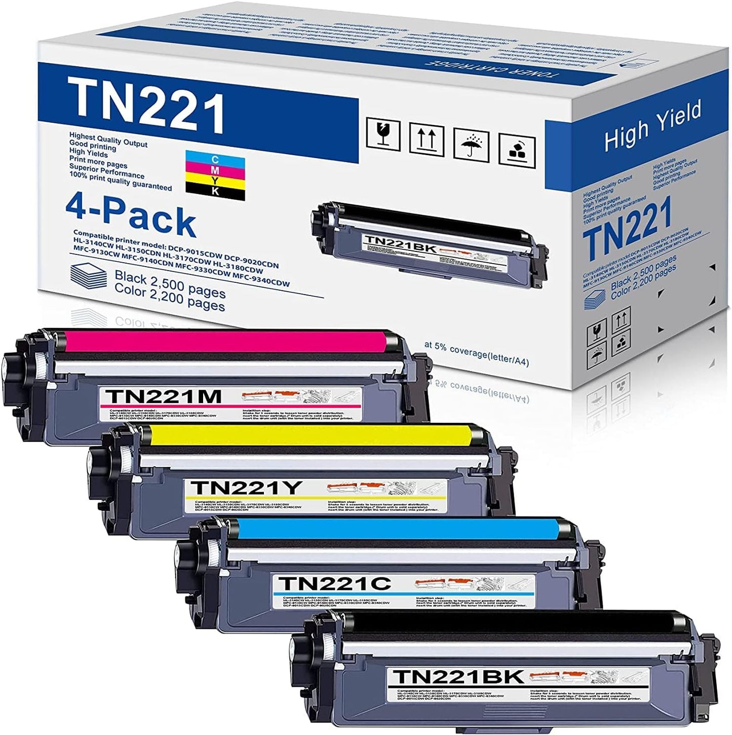 Joni MGToner Compatible TN221 TN-221 Toner Cartridge Replacement for HL-3140CW HL-3180CDW HL-3170CDW MFC-9130CW MFC-9340CDW MFC-9330CDW Printer (4 Pack, 1BK+1C+1M+1Y)