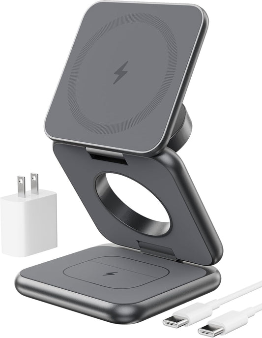 Foldable Magnetic Wireless Charger, KU XIU X40 Aluminum Alloy 3 in 1 Charging Station for Apple, Fast Magnetic Charger Stand for iPhone 16 15 14 13 12 Series, 5W for iWatch, AirPods 3/2/Pro, Gray