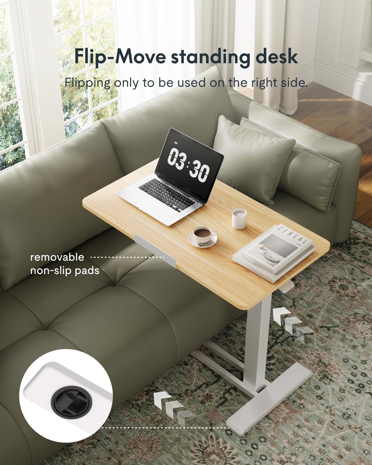 FLEXISPOT H7 PRO Mobile Standing Desk Adjustable Overbed Table Pneumatic with Wheels 90°Tiltable Portable Laptop Desk Rolling Computer Cart Foldable Bedside Table(27.6" W x 15.7" D, Maple)