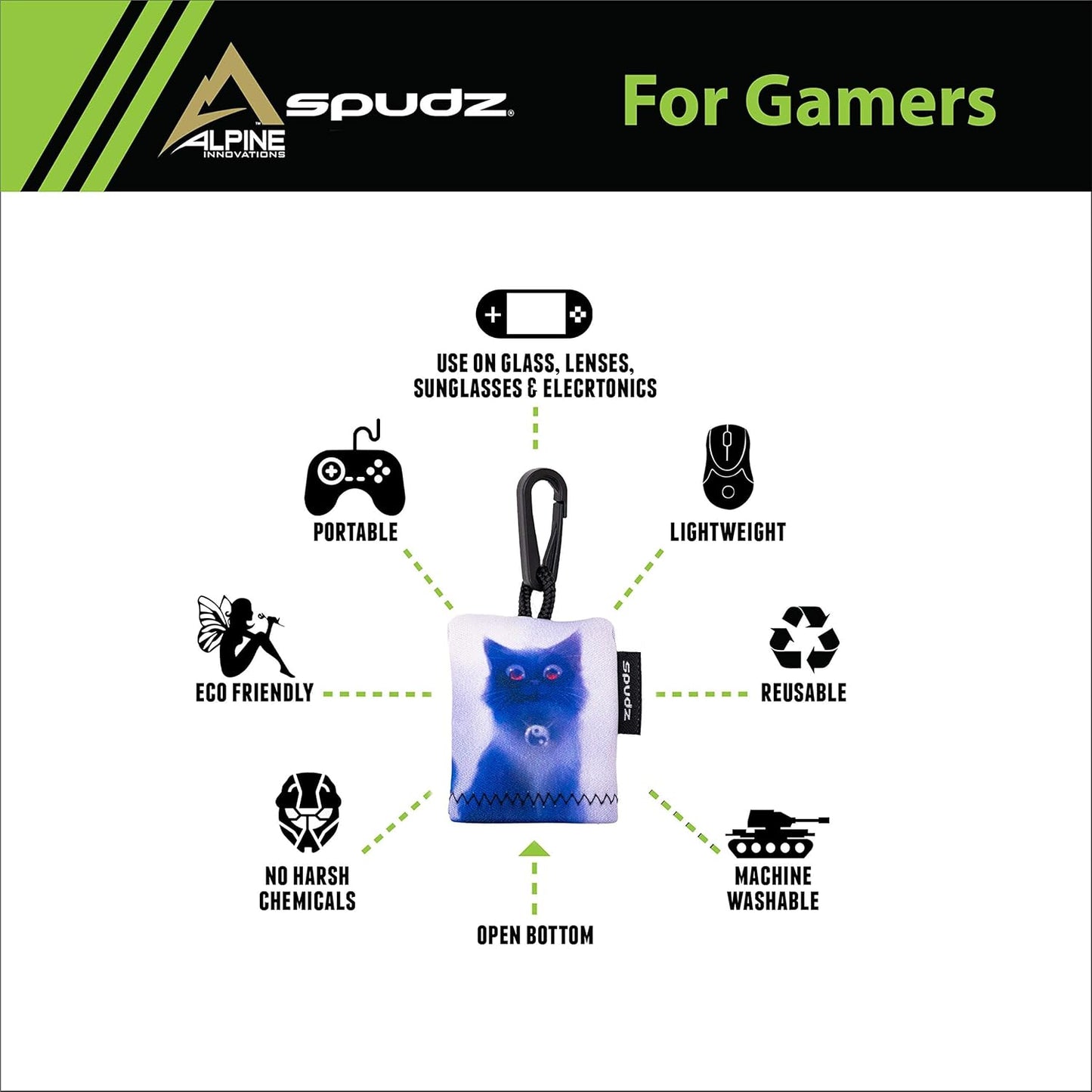 SPUDZ Classic Microfiber Lens Cleaner – Clip-On Pouch, Washable – for Binoculars, Scopes, Glasses, Screens | Cat, 6 x 6 Inch (3-Pack)