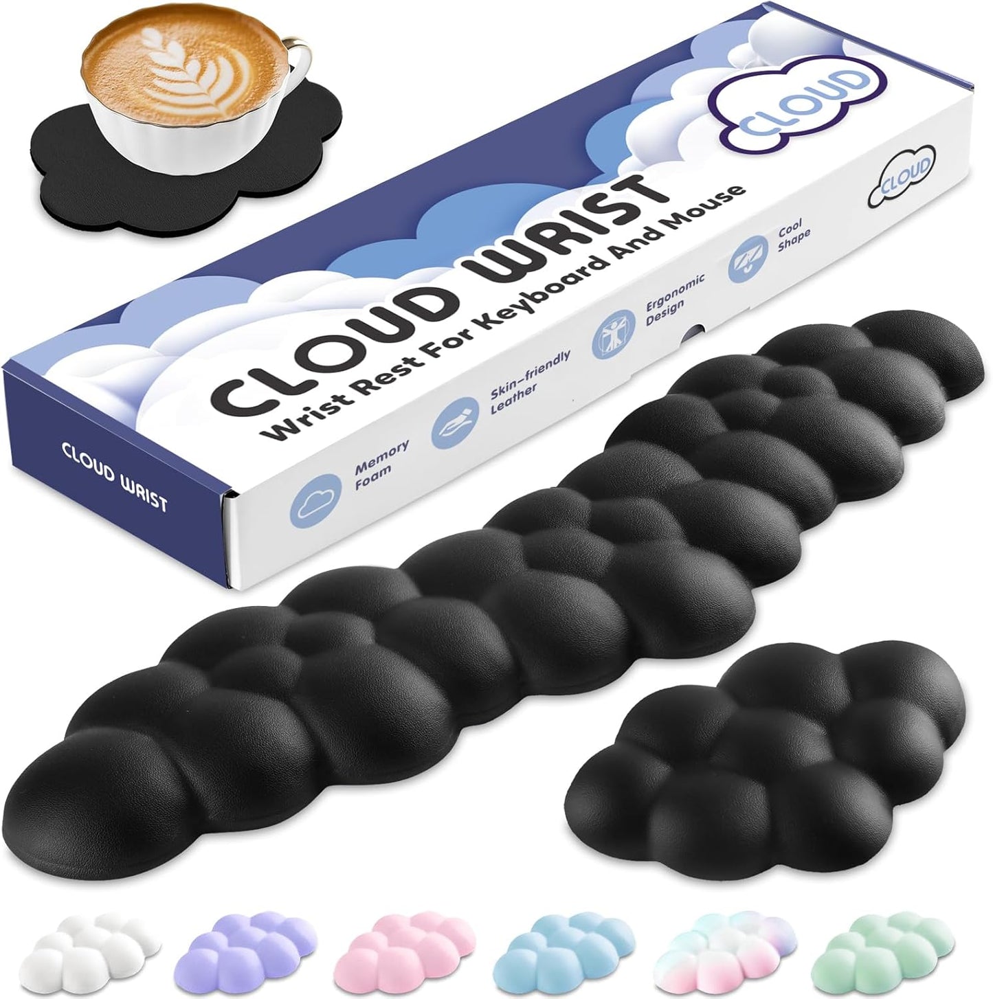 Cloud Wrist Rest for Keyboard and Mouse, Memory Foam PU Leather Keyboard Wrist Rest with Ergonomic Support, Non-Slip Base, Cute Arm Rest Pad & Palm Cushion, Office Desk Accessory, Black