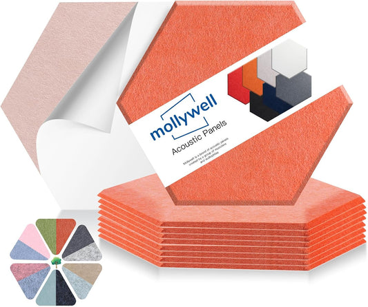 Mollywell Hexagon Acoustic Panels, High Density, Soundproofing, Decorative Noise Reduction Felt Wall Tiles for Ceilings, Home Office & Gaming Room (Orange), 14x12x0.4 Inch