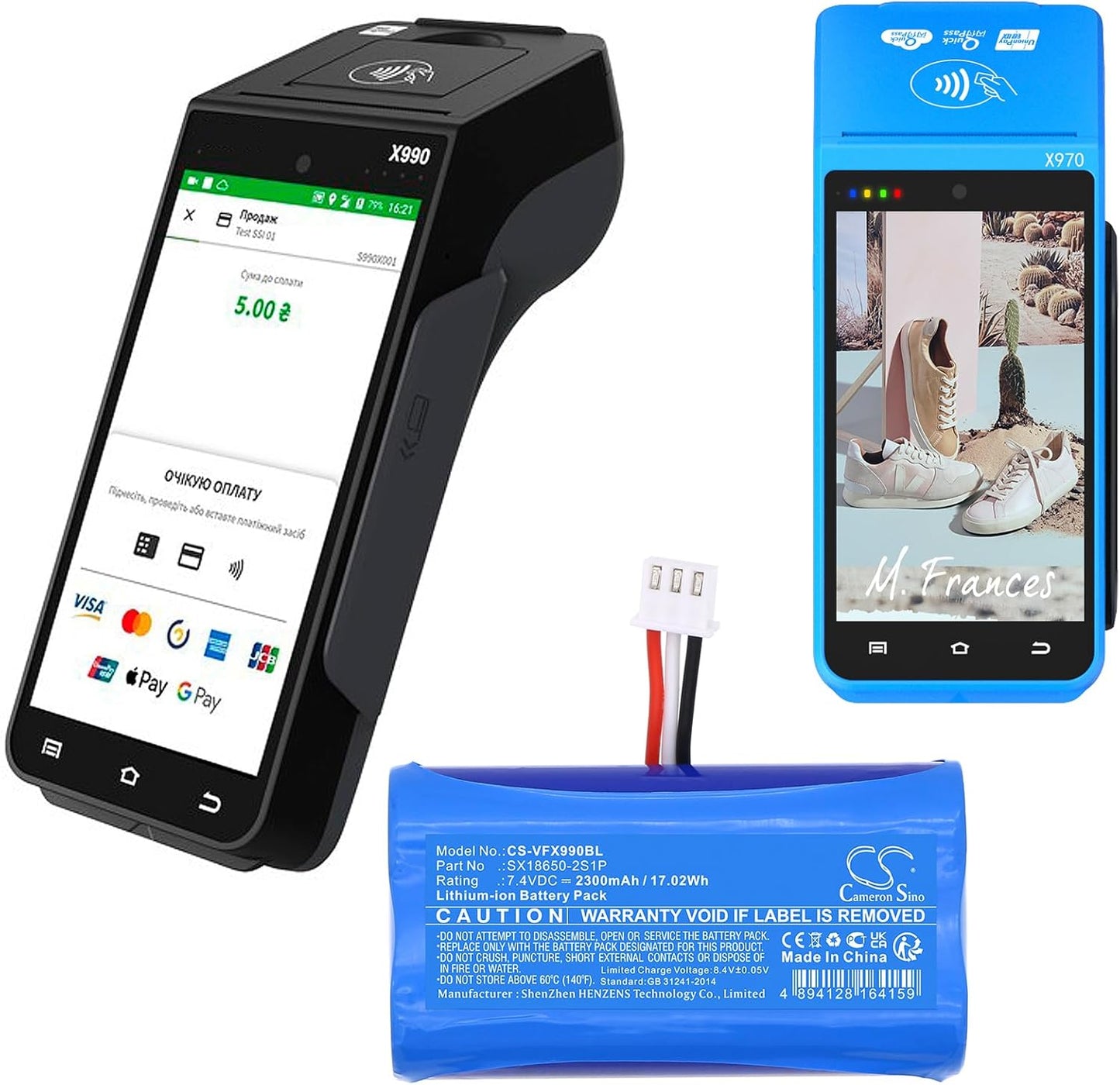 Cameron Sino (2PCS) Replacement for Ver'ifone X970 X990 Battery,fits SX18650-2S1P 2300mAh/7.4V