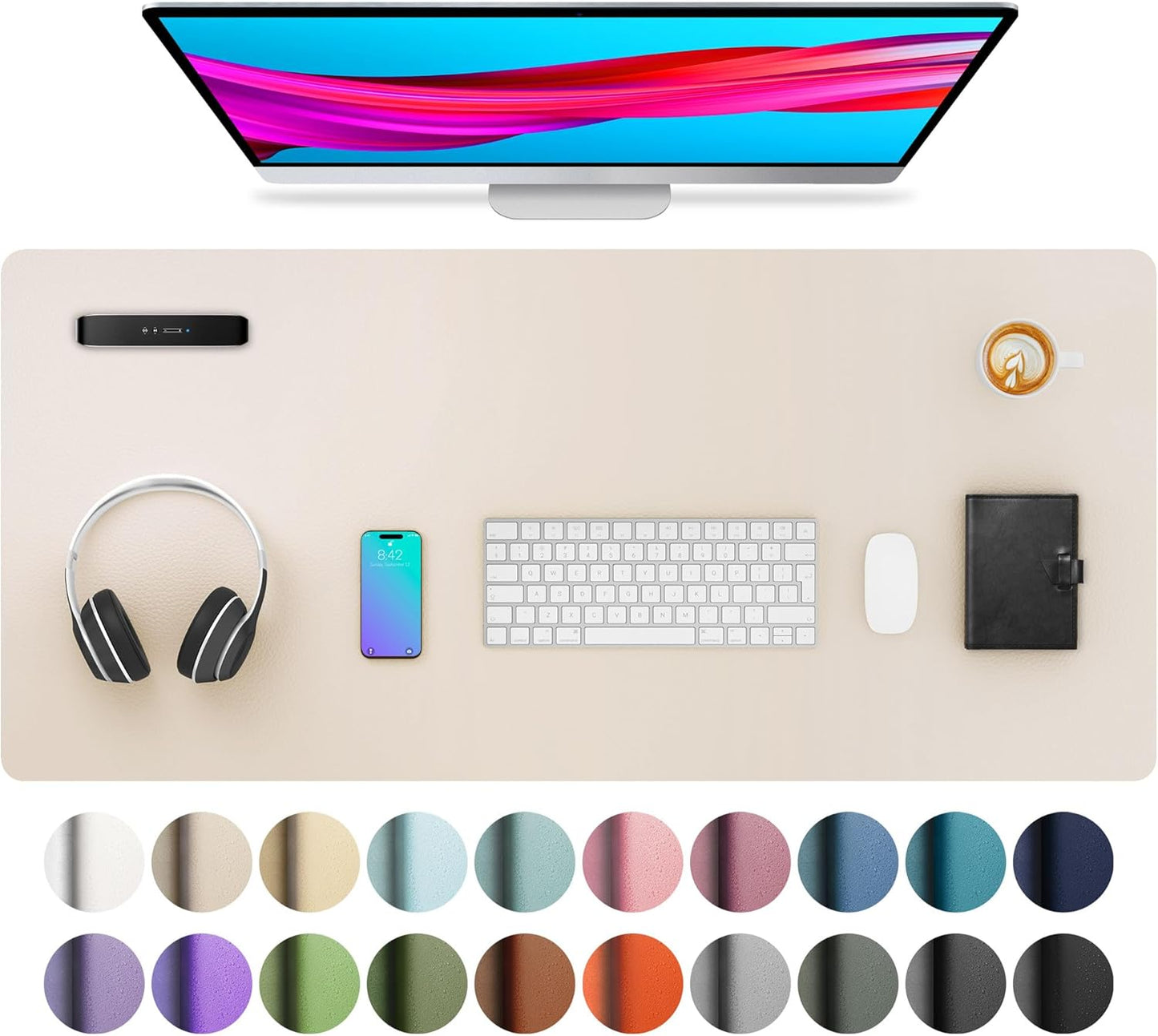 Aothia Large PU Leather Desk Pad Protector – Non-Slip Mouse Pad & Writing Mat for Office/Home, Waterproof, Easy to Clean (36" x 17", Eggshell)