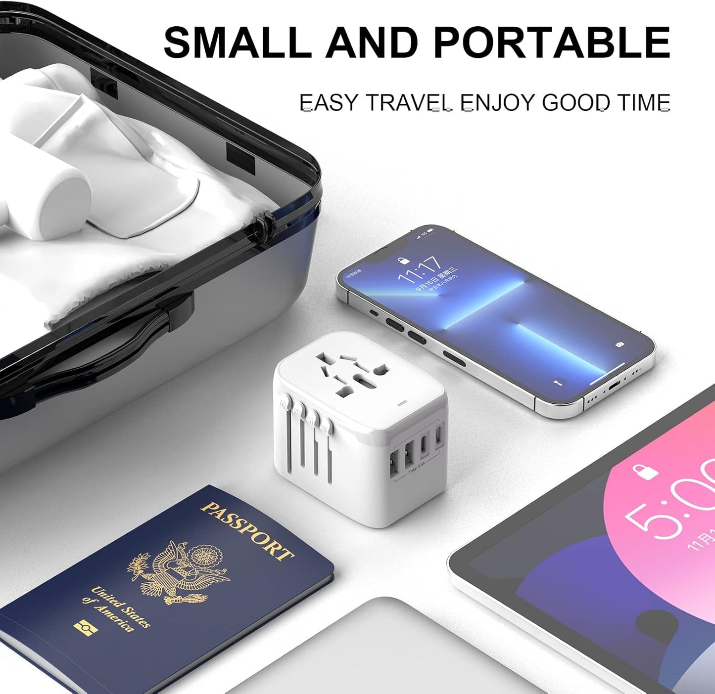 Universal International Power Travel Plug Adapter, 5 in 1 European Travel Plug Adapter W/ 3.5A 2xUSB-A and 2xUSB C Wall Charger and Worldwide AC Outlet for Europe USA UK AUS Asia