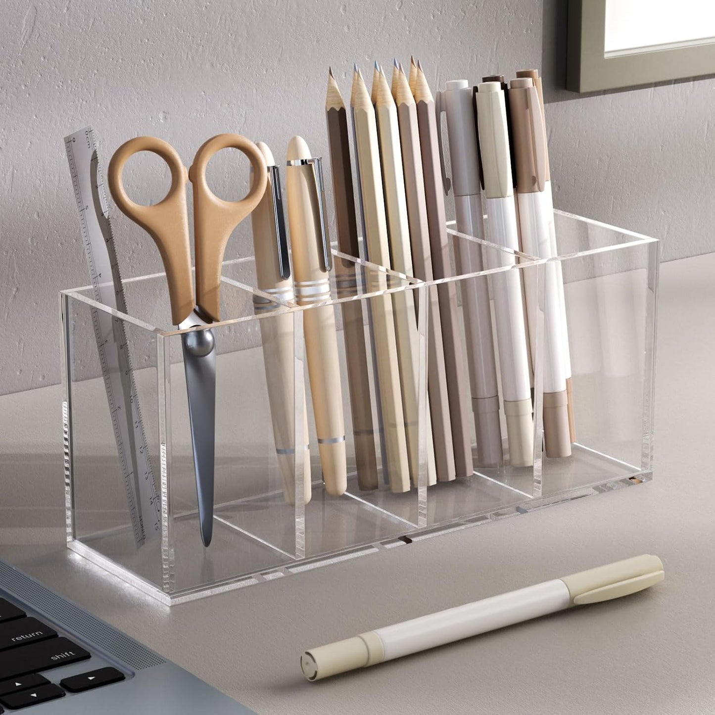 NIUBEE Acrylic Pen Holder 4 Compartments, Clear Pencil Organizer Cup for Countertop Desk Accessory Storage