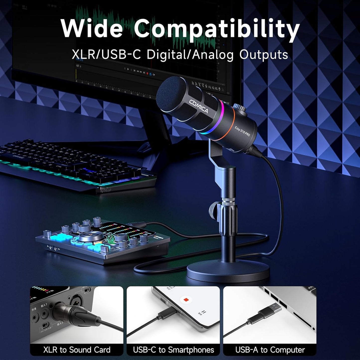 EJoy D10 PRO(D) Combo Dual-Channel Wireless USB Gaming Microphone – RGB Dynamic Mic with Wired/Wireless Modes, XLR/USB-C, Real-Time Monitoring, Studio Mic for Gaming, Streaming, Podcast, Recording