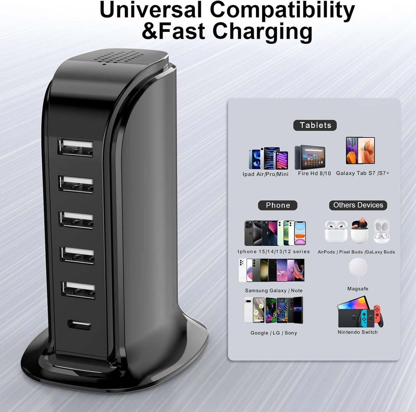 USB Charger Block with Type C, 6-Port Chargers for Multiple Devices, USB Charging Hub with Smart IC, Charger Station Total 60W for Phone/Tablet/Gaming, Wall Charger Adapter Compact&Portable