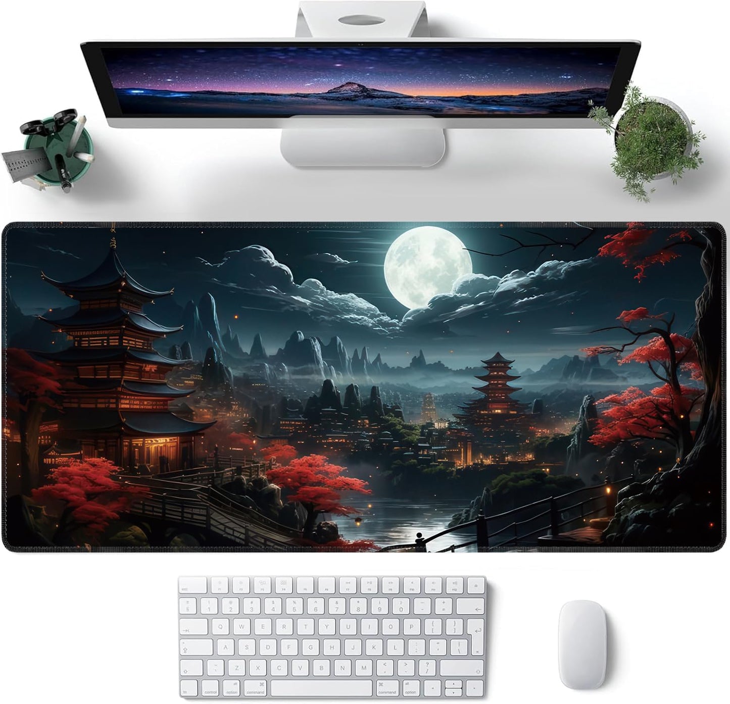 Japanese Full Moon Large Mouse Pad,Gaming Keyboard Desk Pad,Extended Mouse Mat Non-Slip Rubber Base with Stitched Edges for Office Game Home XXL 35.4"x15.7"
