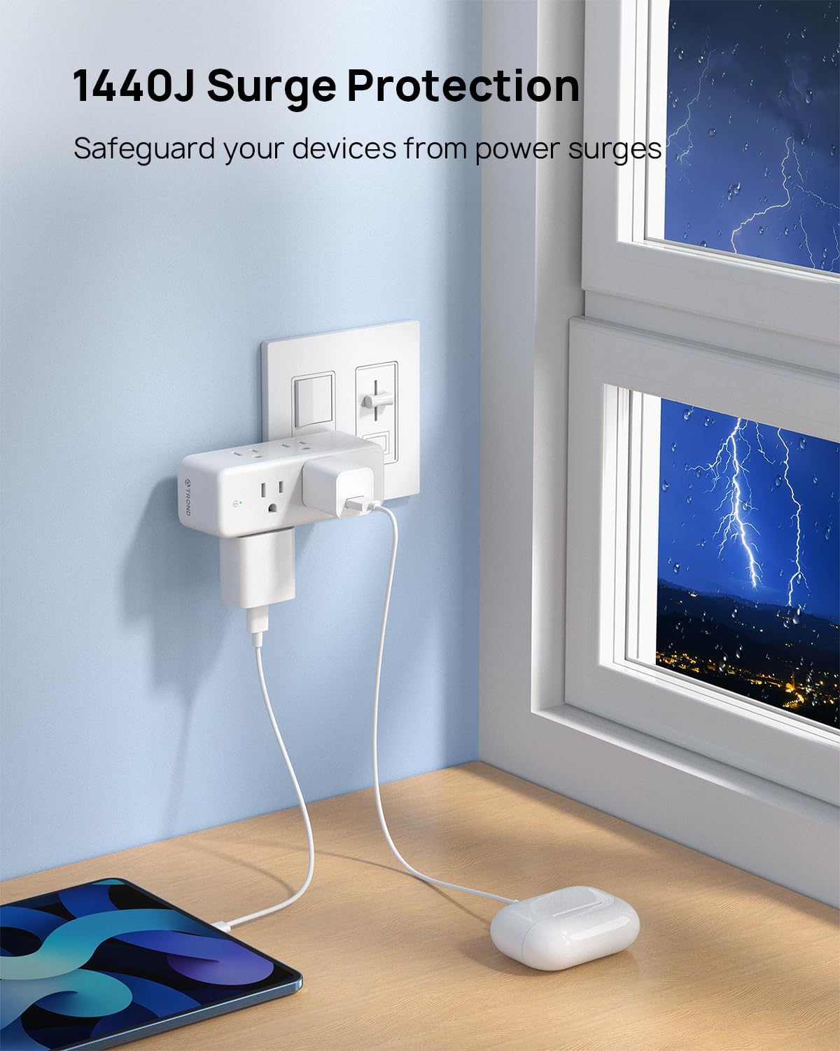 TROND Outlet Extender Surge Protector, 6 AC Outlet Splitter with 360° Rotating Plug, 1440J, 3-Sided Swivel Wall Plug Adapter with Power Switch, Multi Plug Expander for Home Office Travel