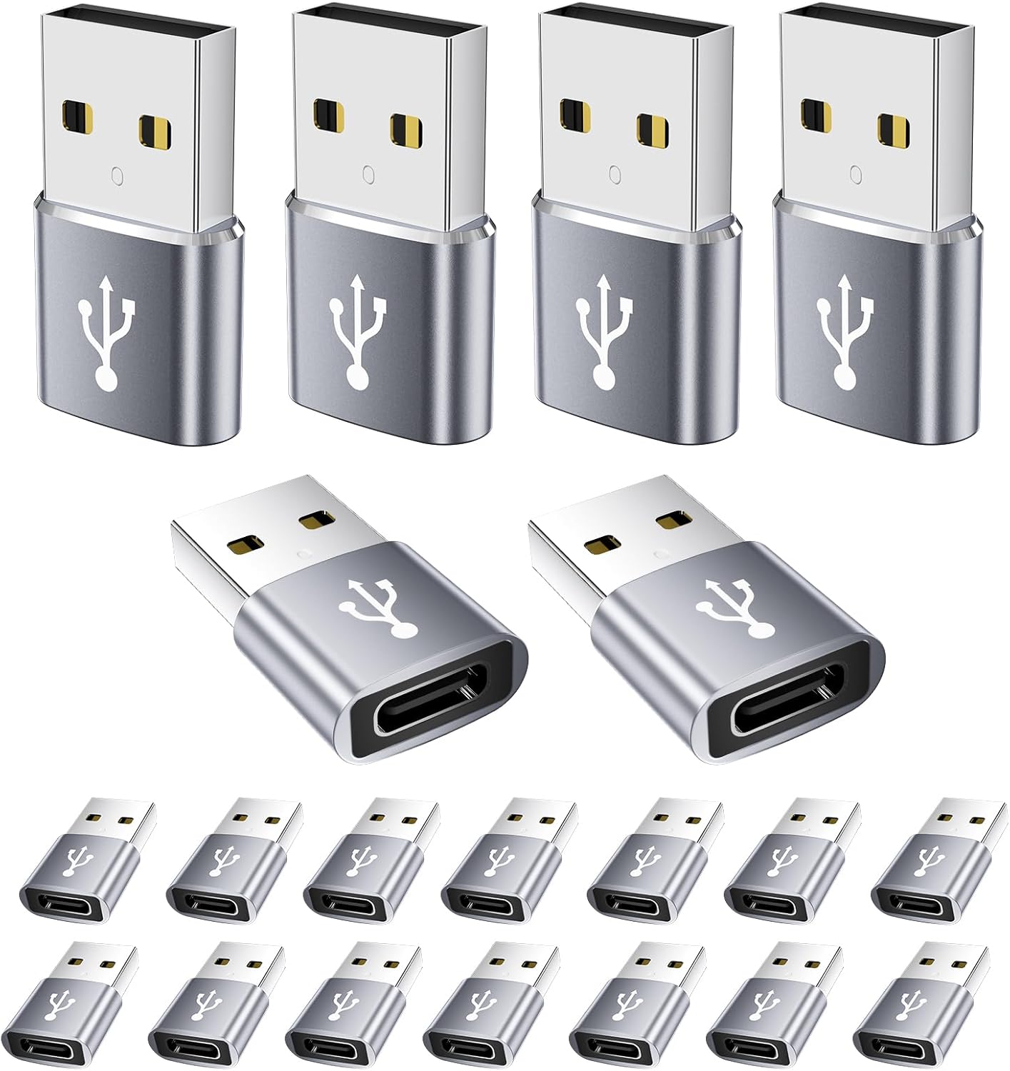 USB to USB C Adapter 20 Pack,USB A to USB C Adapter,C Female to A Male,USBA Charger Cable Converter for iPhone,iPad,AirPods,Tablet,Grey