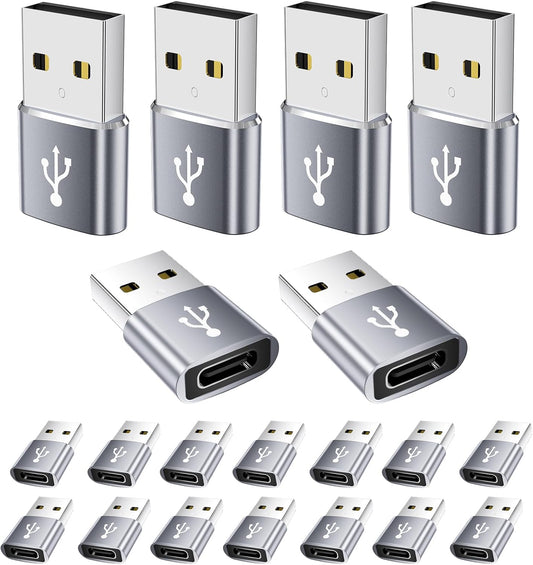 USB to USB C Adapter 20 Pack,USB A to USB C Adapter,C Female to A Male,USBA Charger Cable Converter for iPhone,iPad,AirPods,Tablet,Grey