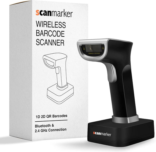 Scanmarker 1D/2D Wireless Barcode Scanner – Boost Speed & Accuracy with Bluetooth & 2.4G Modes – Handheld QR Code Scanner with Charging Stand for Easy scanning on Laptop, iOS & Android