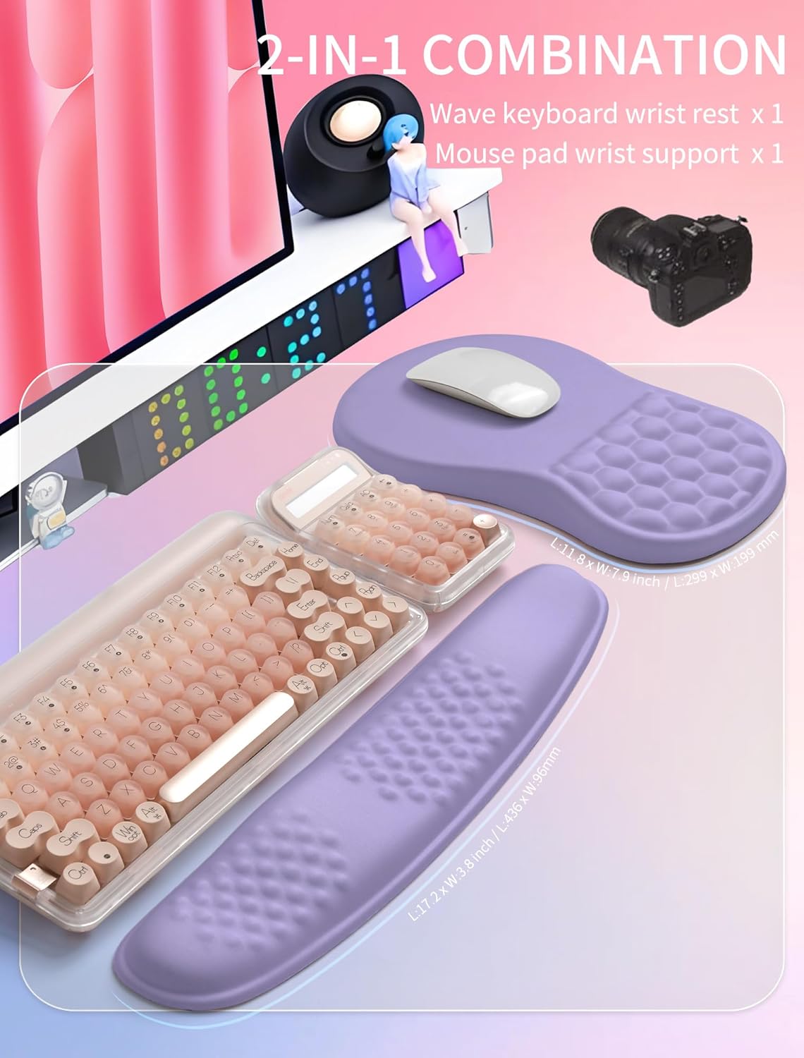 Hokafenle 2in1 Combination, Wave Keyboard Wrist Rest and Ergonomic Curvature Mouse Pad Wrist Support for Relieve Wrist Pain, Filled with Soft Cushion Memory Foam, Purplish Blue