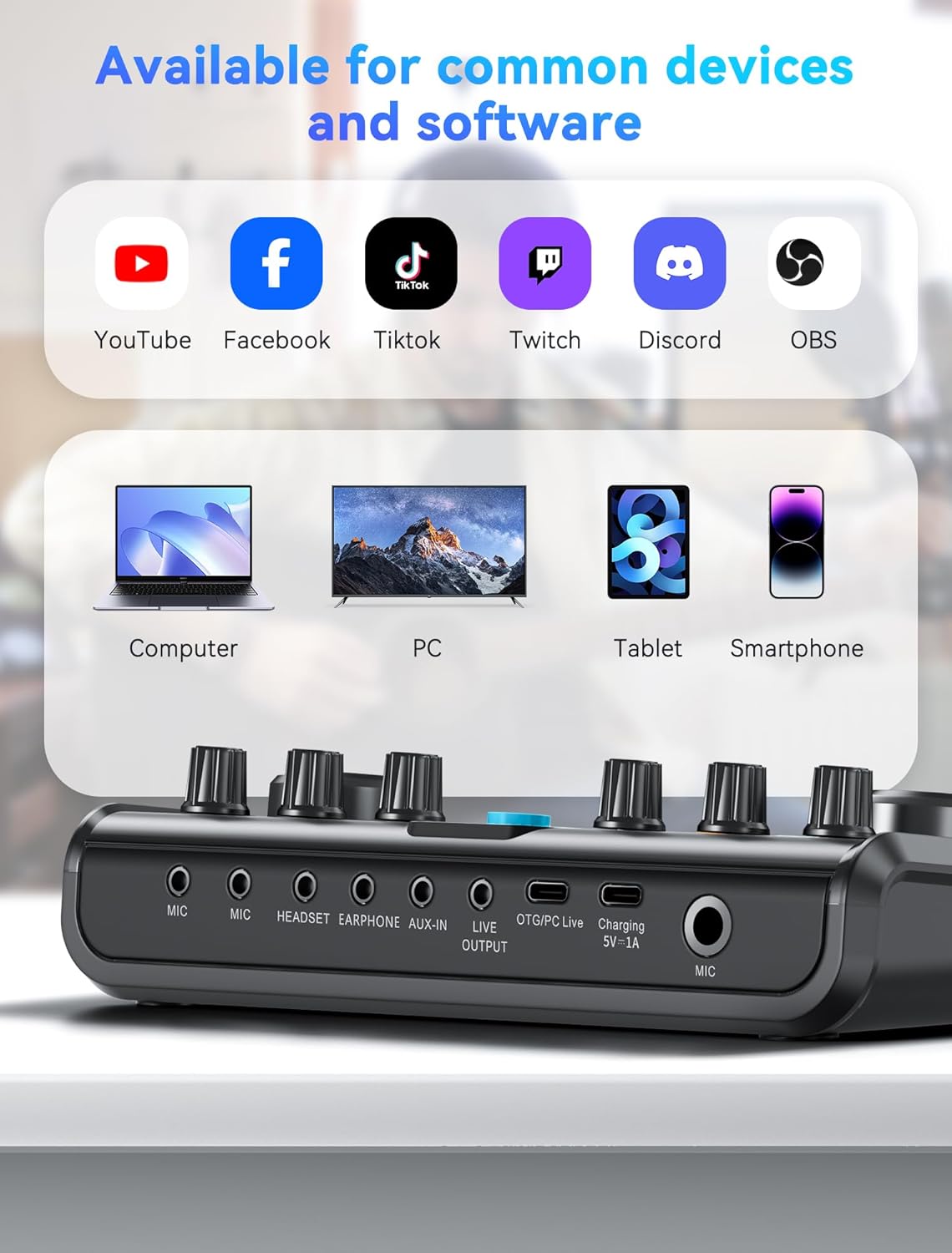 SINWE USB Audio Interface for Smartphone & PC: Plug-and-Play Live Sound Card with DJ Mixer, Voice Changer & Customized sound effects. Ideal for Recording Music, Home Studio, Podcasts & Streaming