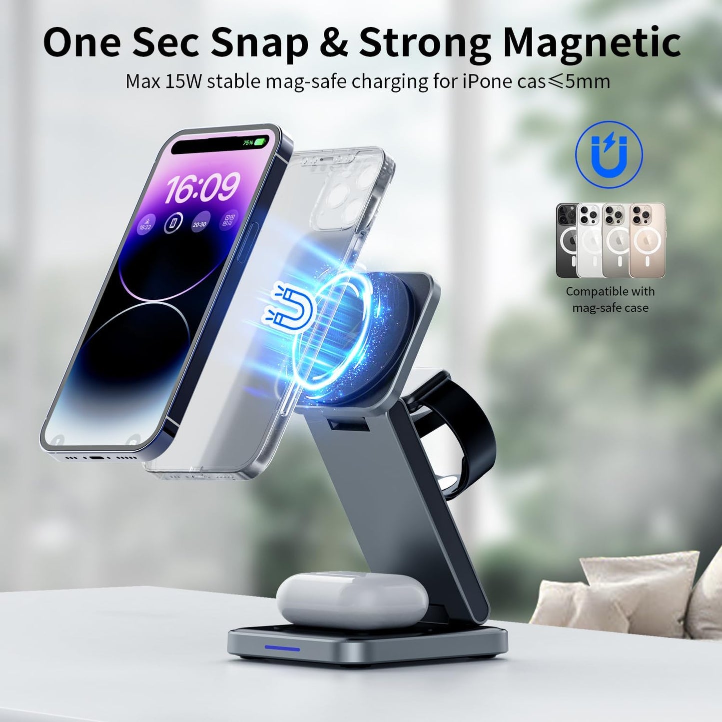 3 in 1 Magnetic Wireless Charger Station for iPhone 16/15/14/13/12 Series Mag-Safe Charging Station for Apple Watch Series 10-2/Ultra2/1/SE Foldable Wireless Charger for AirPods 4 3 2 1 Pro