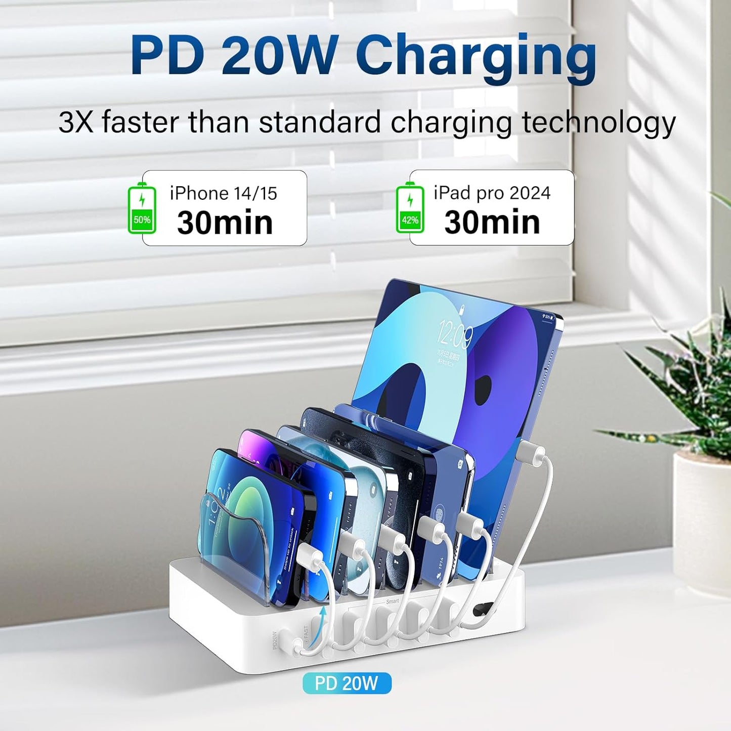 Charging Station for Multiple Devices: 68W 6 Port 20W Fast Phone Charger Dock with 6 Cables, Compatible with Apple Cellphone iPad iPhone Tablet and Other Electronic (White)