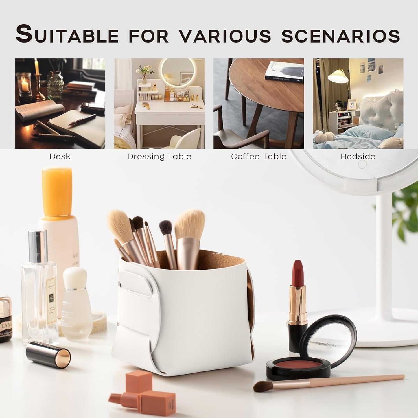 HOMIEAZICOZI 2-Pack Cork Leather Desk Accessories Storage - Pencil Pen Holder - Makeup Brush Holder Organizer - Stylish Addition to Home Decor (White)