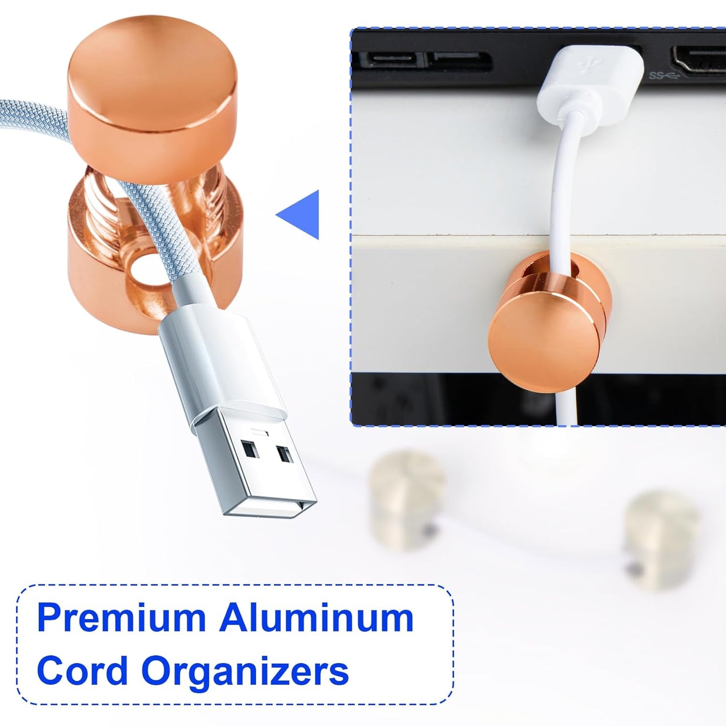 2 Sets Charger Holders for Cords, Rose Gold Color Adjustable Cable Anchor Holders, Adhesive Metal Cord Clips, Cable Management Wire Organizers for Desk, Office, Nightstand