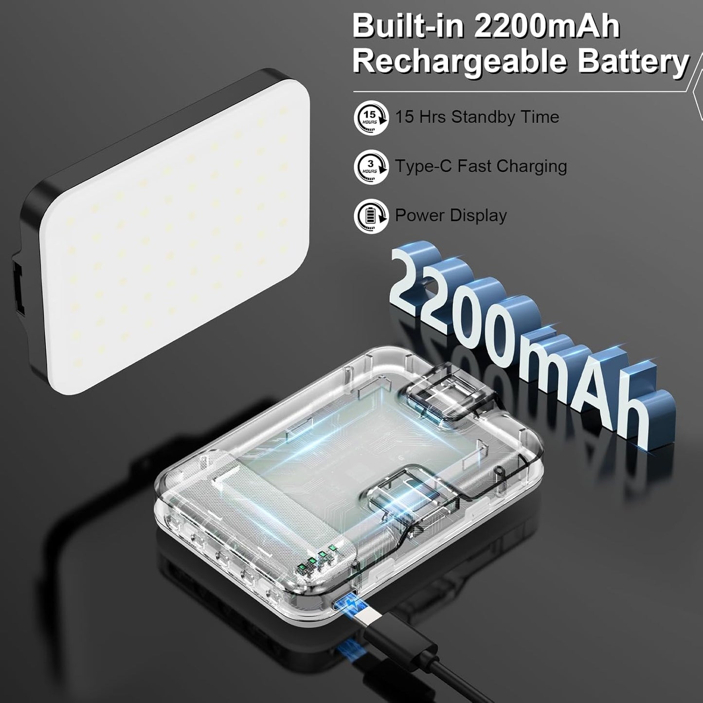 Hagibis LED Camera Light - Portable Photography Lighting with 60 LED, 2200mAh Rechargeable Battery, 7 Modes, 10-Level Brightness, Clip-on Light for Phone/Tablet/Laptop