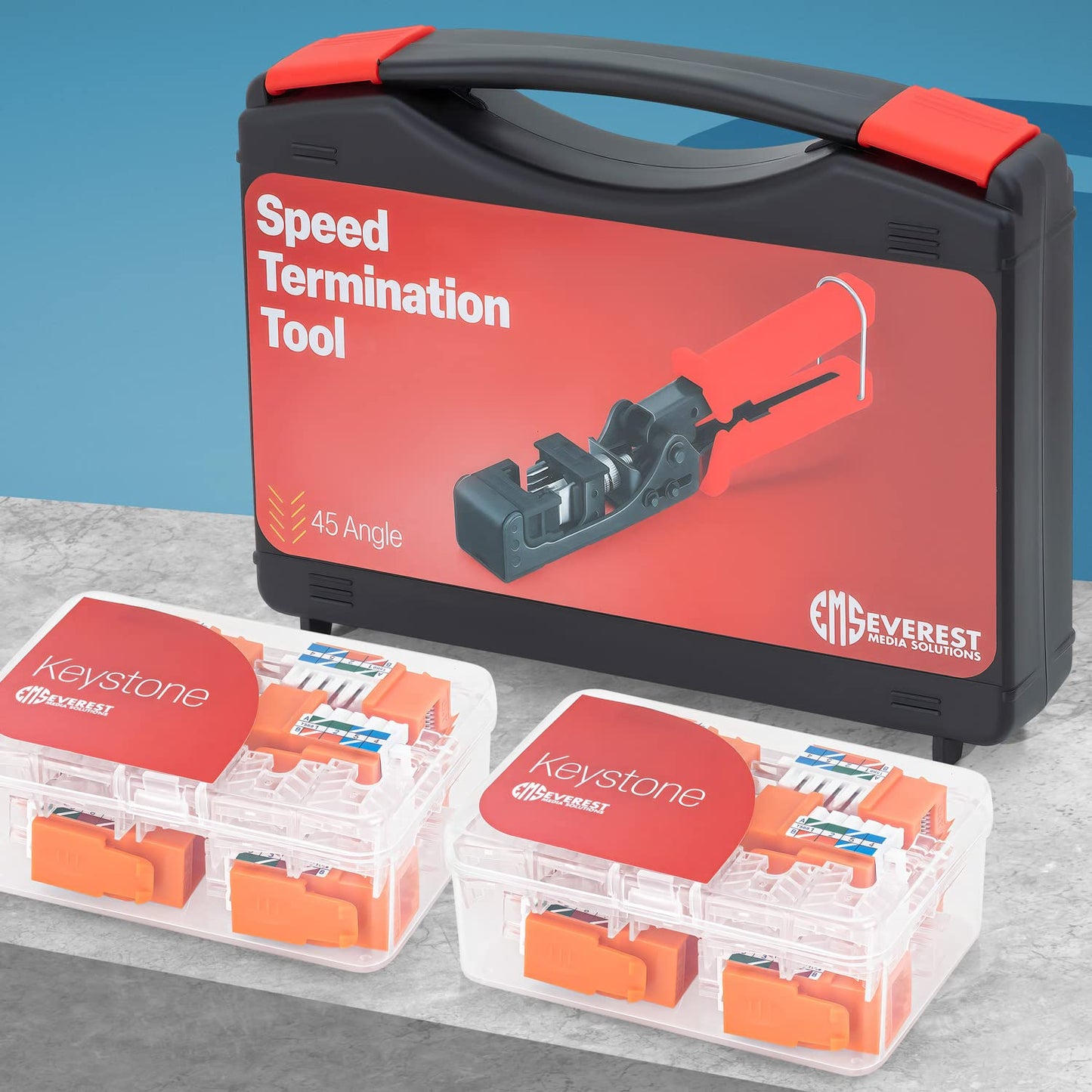 Everest easyJACK - 45° Angled Speed Termination Keystone Tool Set - with 20-Pack of RJ45 Cat6 Keystone Jacks in Orange (Slim Profile Design) - Time Saver Network Punch Down Tool Cat6