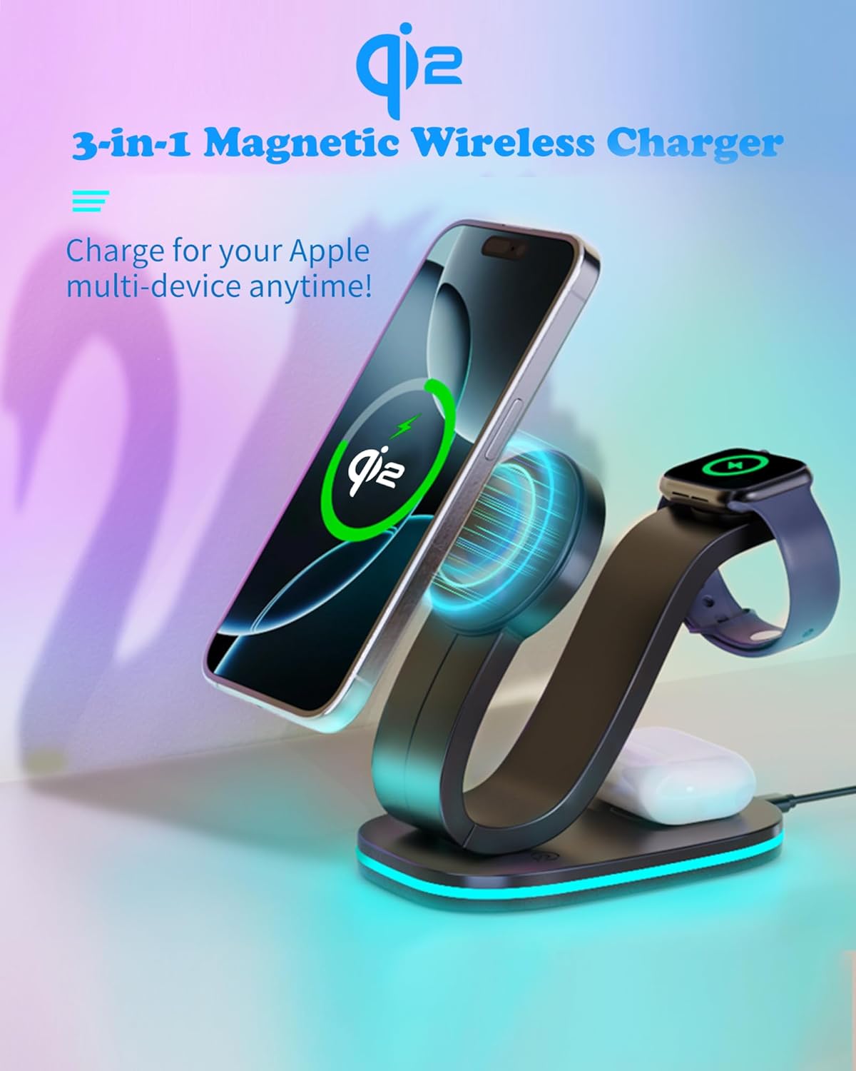 3 in 1 Wireless Charging Station for Qi2 Apple Multiple Devices, 30W USB C Adapter&Light, Fast Mag-Safe Charger Stand Compatible with iPhone 16 15 14 Pro Max, Apple Watch Series 10 9 & Airpods 4 3 Pro
