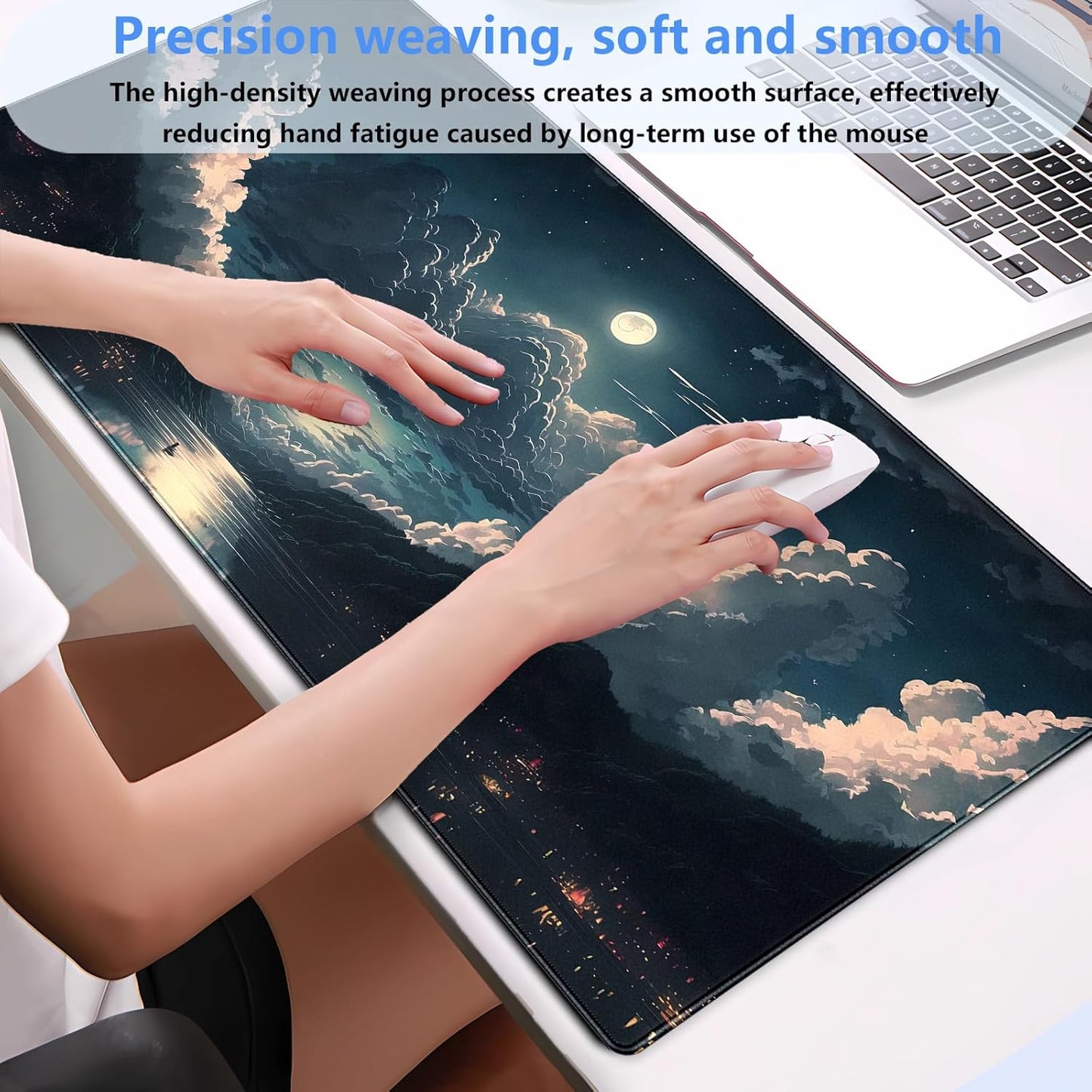 Anime Aesthetics Desk Mat Cloud Mouse Pad Gaming MousePad XXL Computer Mat Full Desk Mouse and Keyboard Pad Full Moon Mouse Mat with Stitched Edge Anti-slip Washable for Office and Home 31.5 x 15.7 In