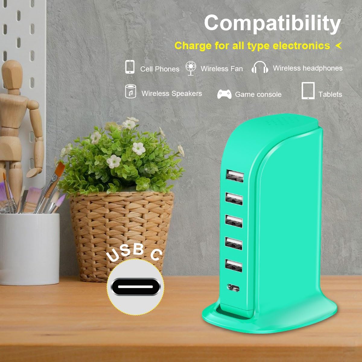 USB Tower Charging Station Upoy, Multiport Chargers for Multiple Devices 40W, Small Charging Hub for Desk, Office, Travel, USB Power Block Adapter for iPhone/Ipad