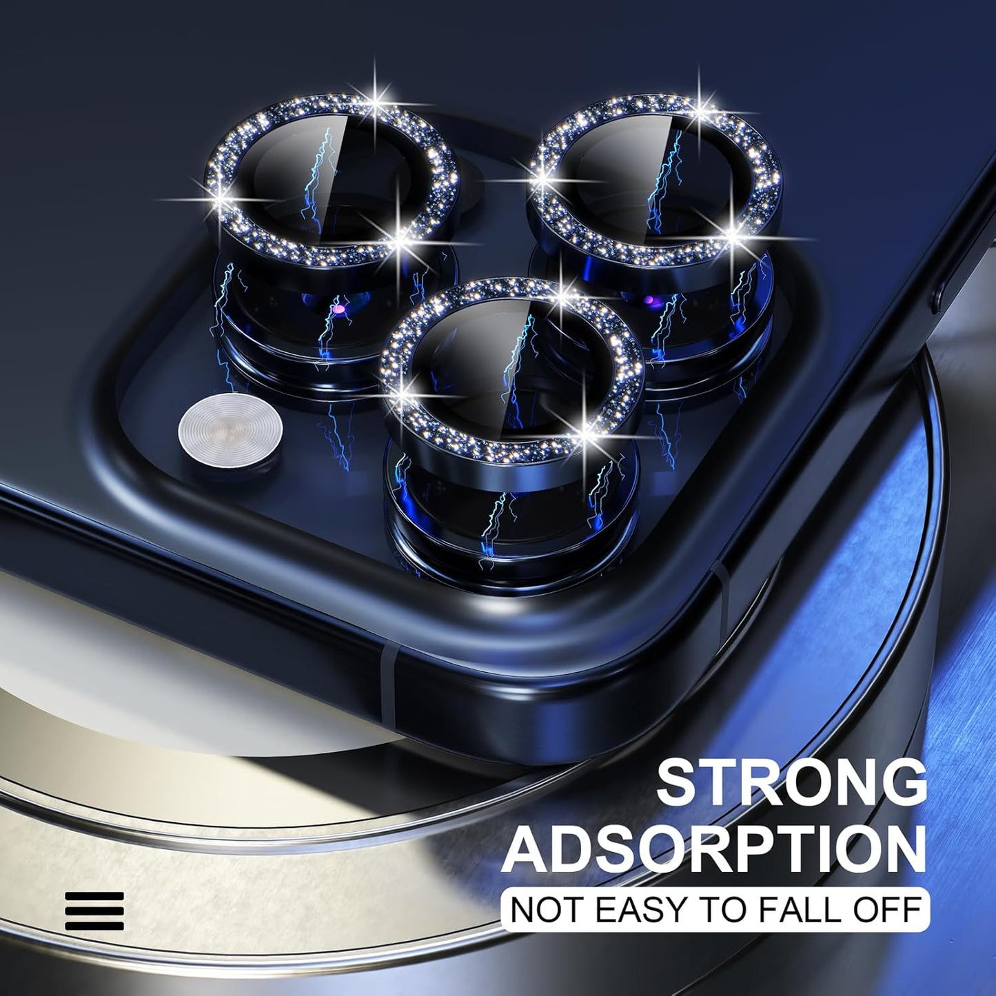 Choiche Compatible for iPhone 15 Pro/iPhone 15 Pro Max Camera Lens Protector Bling, 9H Tempered Glass Camera Cover Screen Protector Metal Ring Decoration Accessories (Glitter-Blue)