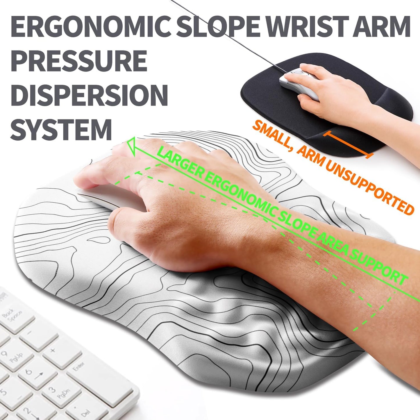 Ergonomic Slope Mouse Pad Wrist Support, Wrist Rest Mousepad for Carpal Tunnel Pain Relief with Massage Bulge and Slow Rebound Memory Foam (12x8 inch, White Contour Lines)