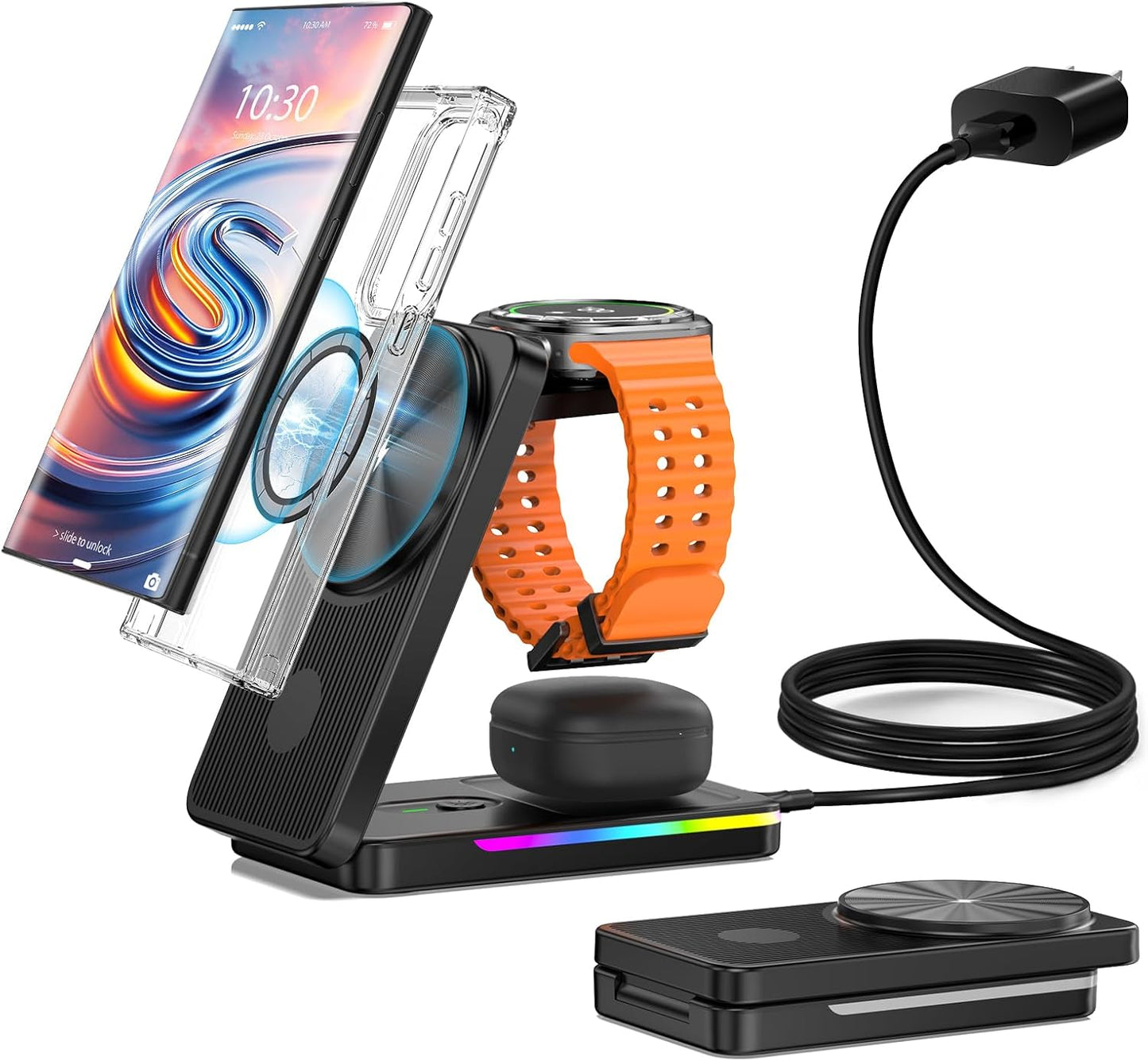 3 in 1 Magnetic Wireless Charger for Samsung, Foldable MagSafe Wireless Charging Station for Samsung Galaxy S25 Ultra/Z Fold7/Flip7/S24, Watch Charger for Galaxy Watch Ultra/8/7/Buds (for Travel)