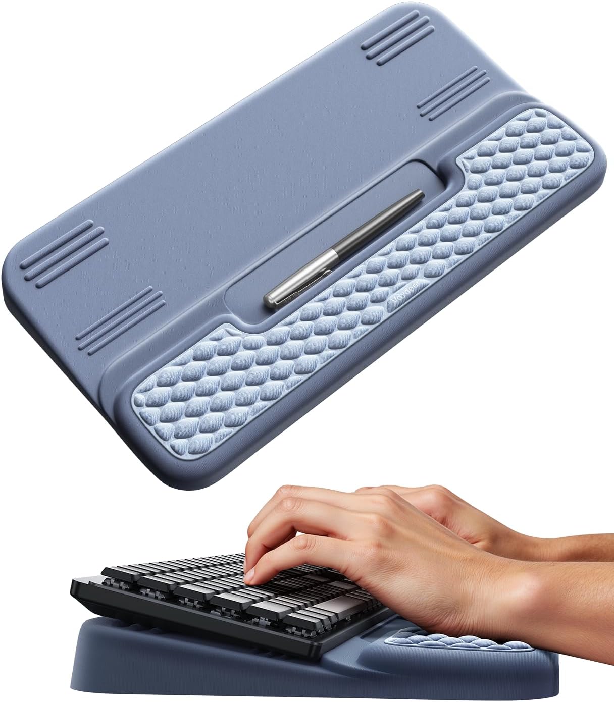 Vaydeer Wrist Rest with Keyboard Stand, Computer Wrist Support Pad, Ergonomic Keyboard Riser Holder Lift Tray with Wrist Pad, Soft Memory Foam Desk Cushion, Palm Hand Typing for Office Home Gift-Blue