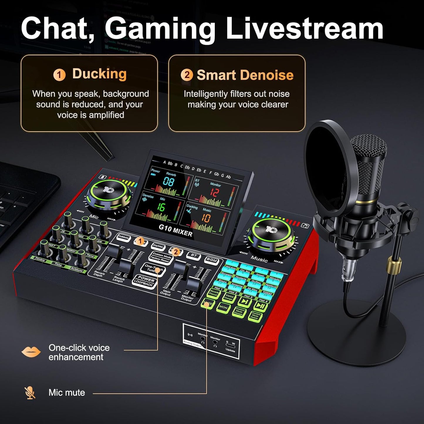 Podcast Microphone Bundle with Live Sound Card Audio Mixer, Podcast Equipment Bundle with 3.5mm BM800 Microphone for Pc/Youtube Live Streaming Singing Gaming, Sound Board with Voice Changer, Denoise