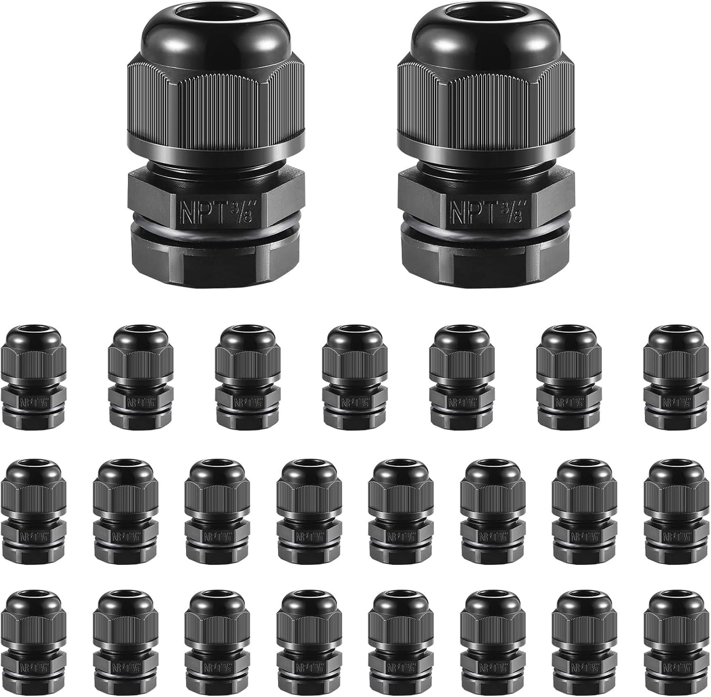 25 PCS 3/8"(5-10mm) NPT Nylon Cable Gland Joints with Gaskets, IP68 Adjustable Lock Nut Strain Relief Cord Grip Waterproof Cable Glands - UL Listed and RoHS Compliant