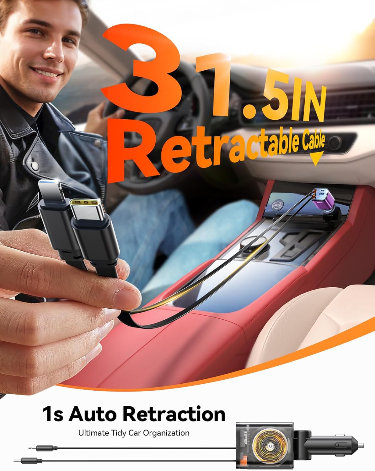 [2025 Ultra-Compact] Retractable Car Charger USB C 84W Car Accessories Adapter for iPhone 16 Fast Charging, Car Travel Essentials Gifts for Women Men, Car Phone Charger for iPhone15 Pro Max, Purple