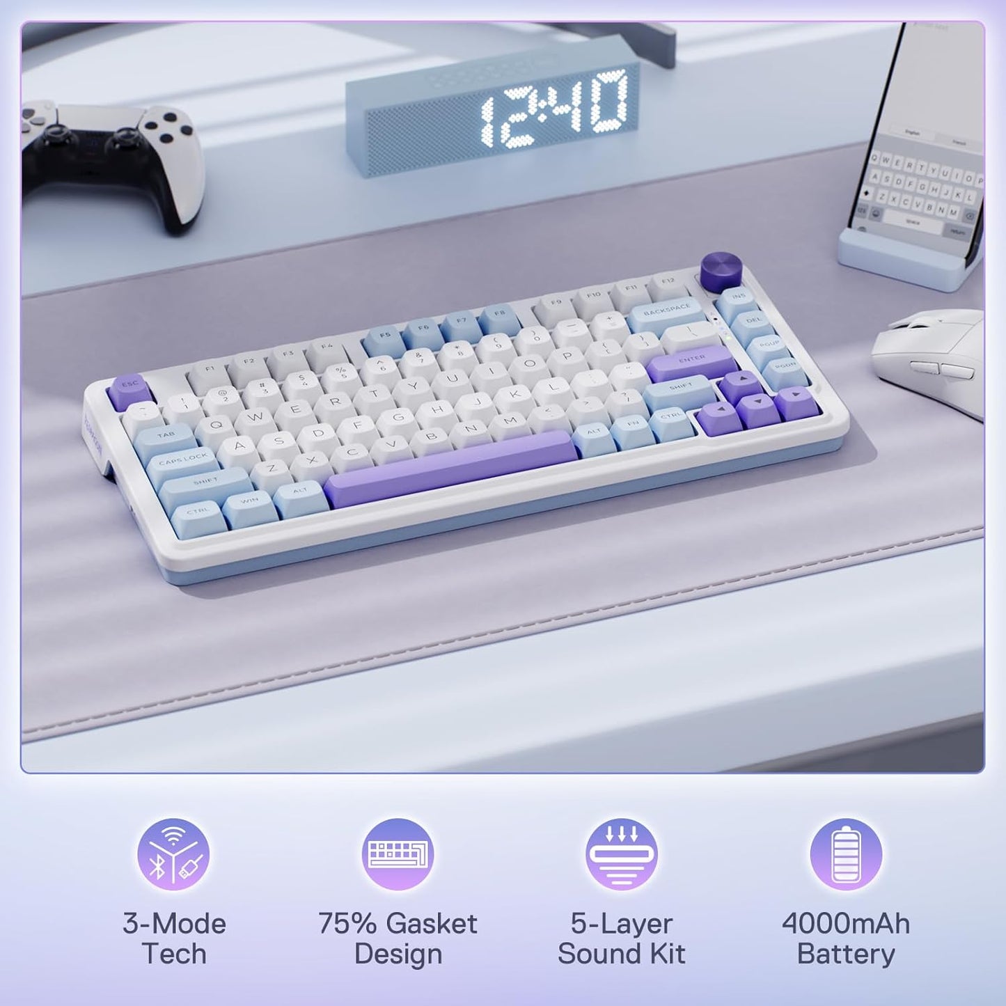 Redragon K673 MAX 75% Wireless Gasket RGB Gaming Keyboard, 3-Modes 81 Keys PBT Compact Mechanical Keyboard w/Hot-Swap Socket, Dedicated Knob Control & 5-Layer Noise Dampening, Custom Linear Switch